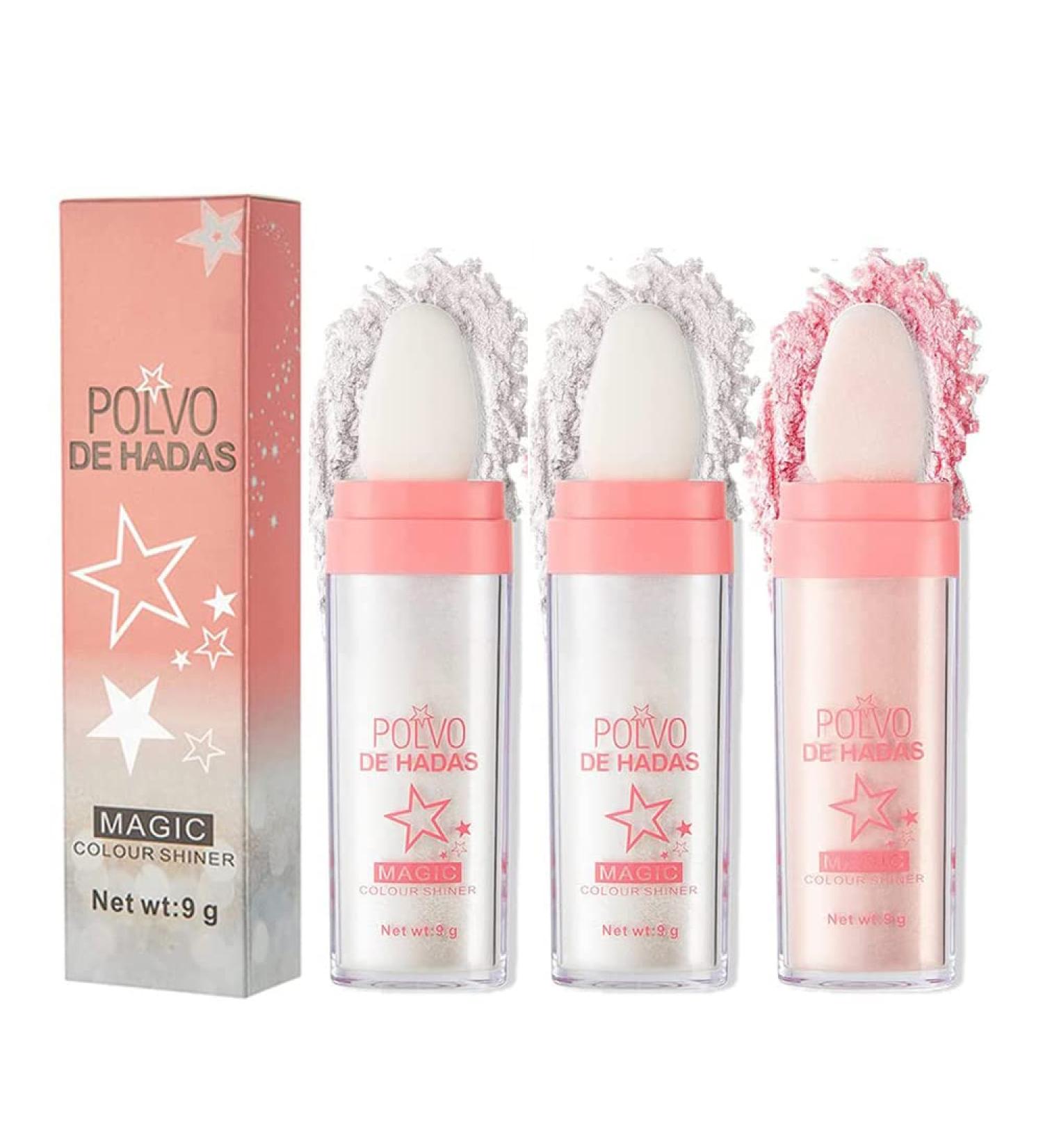 Body Glitter Highlighter Powder Stick  Polvo De Hadas Body Glitter Highlighter Makeup Sparkle High Gloss Shine Brighten Shimmer Patting Powder for Hair Face Eyes Body (2 White + 1 Pink)