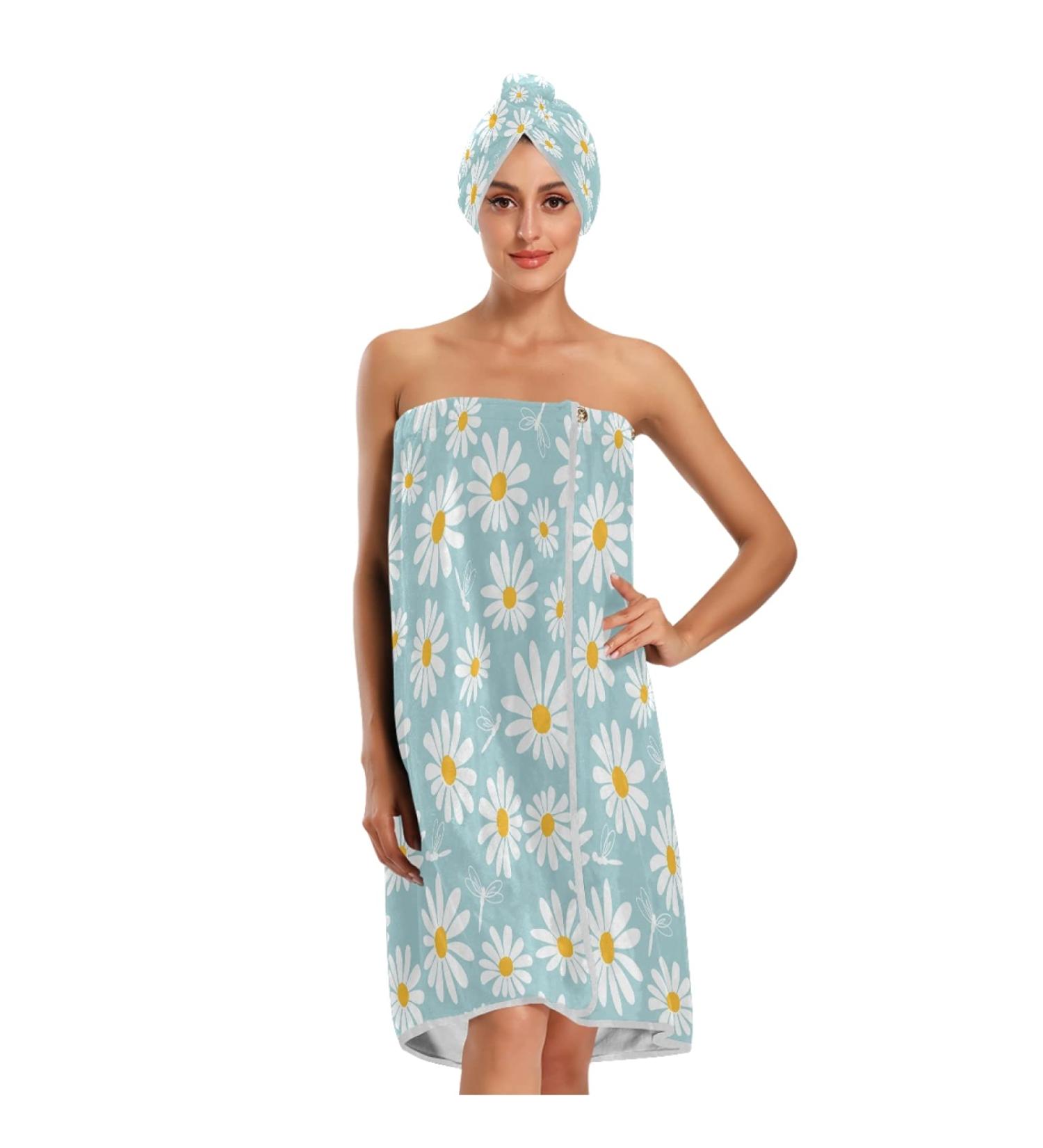 Cute Flower Women's Spa Body Wrap & Towel Set - Adjustable Absorbent Knee Length Bathrobe & Shower Turban Cap for Hotel & Home Use - Buy Online on GoSupps.com