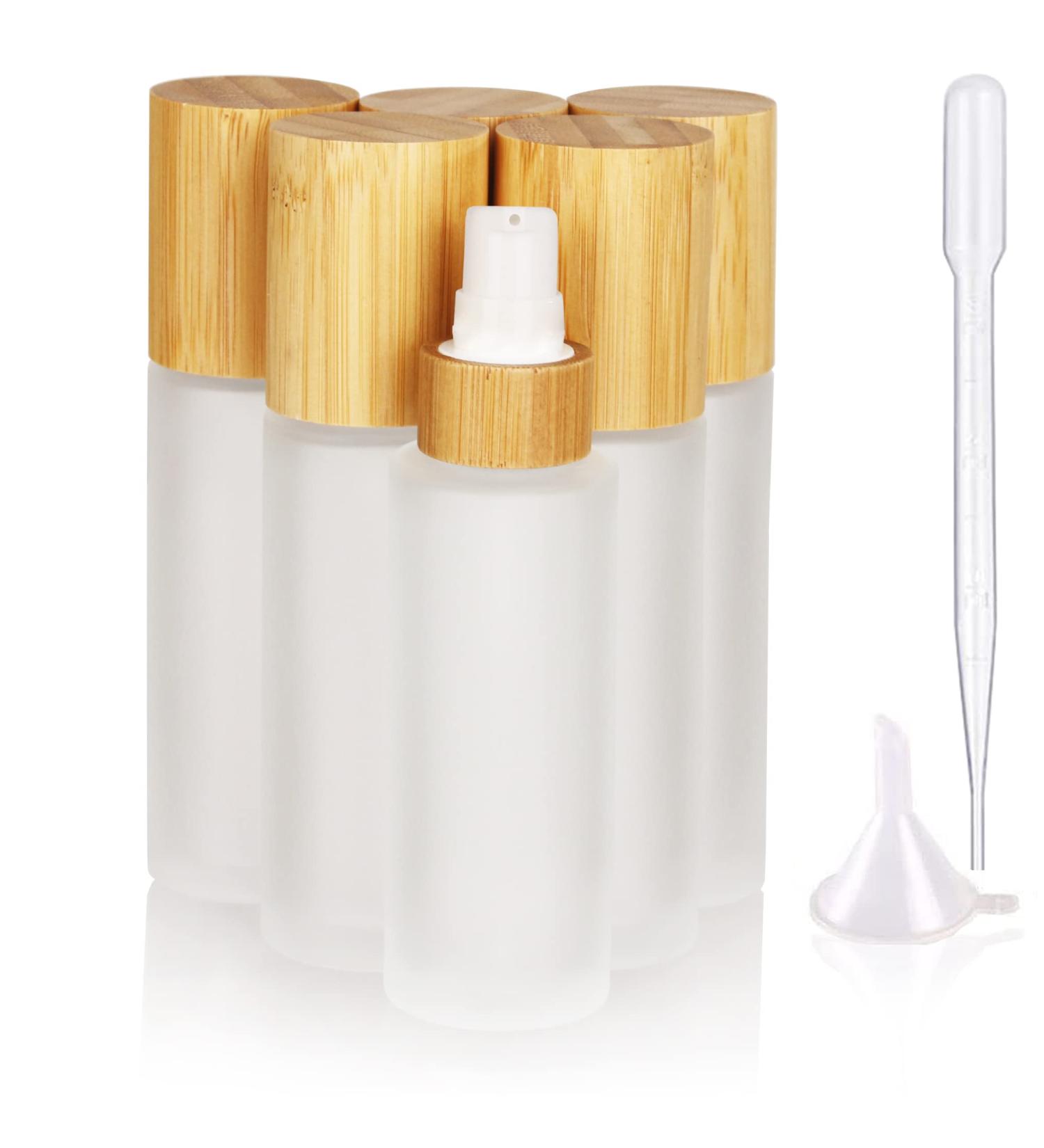 COSIDEA 6-Pack 60ml Frosted Glass Bottles with Bamboo Lids & Lotion Pump - Refillable Cosmetic Containers for Travel & Toiletries - Buy Online on GoSupps.com