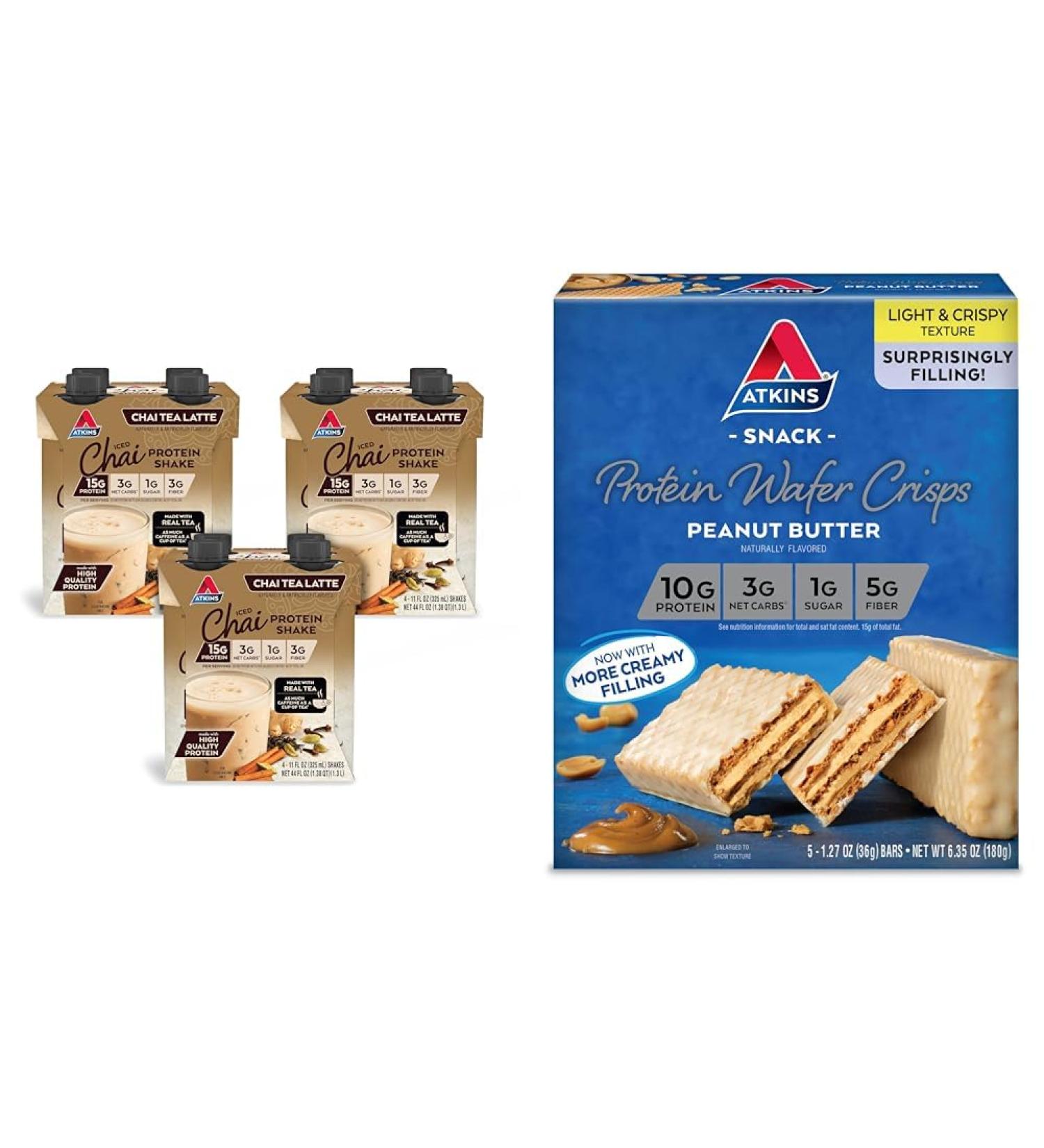Atkins Chai Tea Latte Protein Shake with 15g Protein 3g Net Carb 1g Sugar + Atkins Peanut Butter Protein Wafer Crisps with 10g Protein 4g Net Carb 1g Sugar 5 Count - Buy Online on GoSupps.com