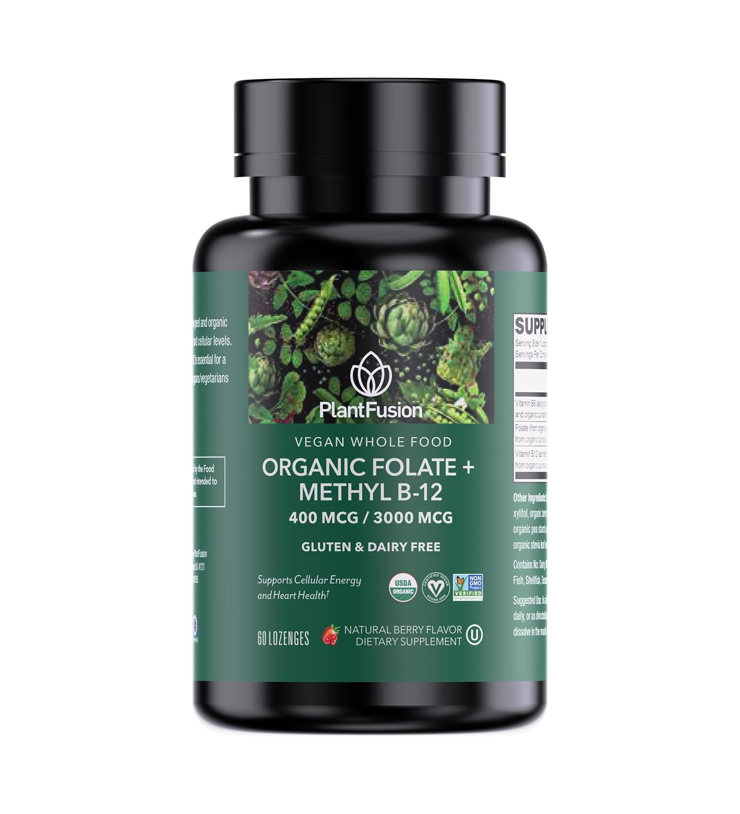 PlantFusion Organic Methylated Vitamin B Complex Vegan B12 3000mcg Folate 680mcg DFE B6 from Organic Sprouts Berry-Flavored Lozenges 60 Count - Buy Online on GoSupps.com
