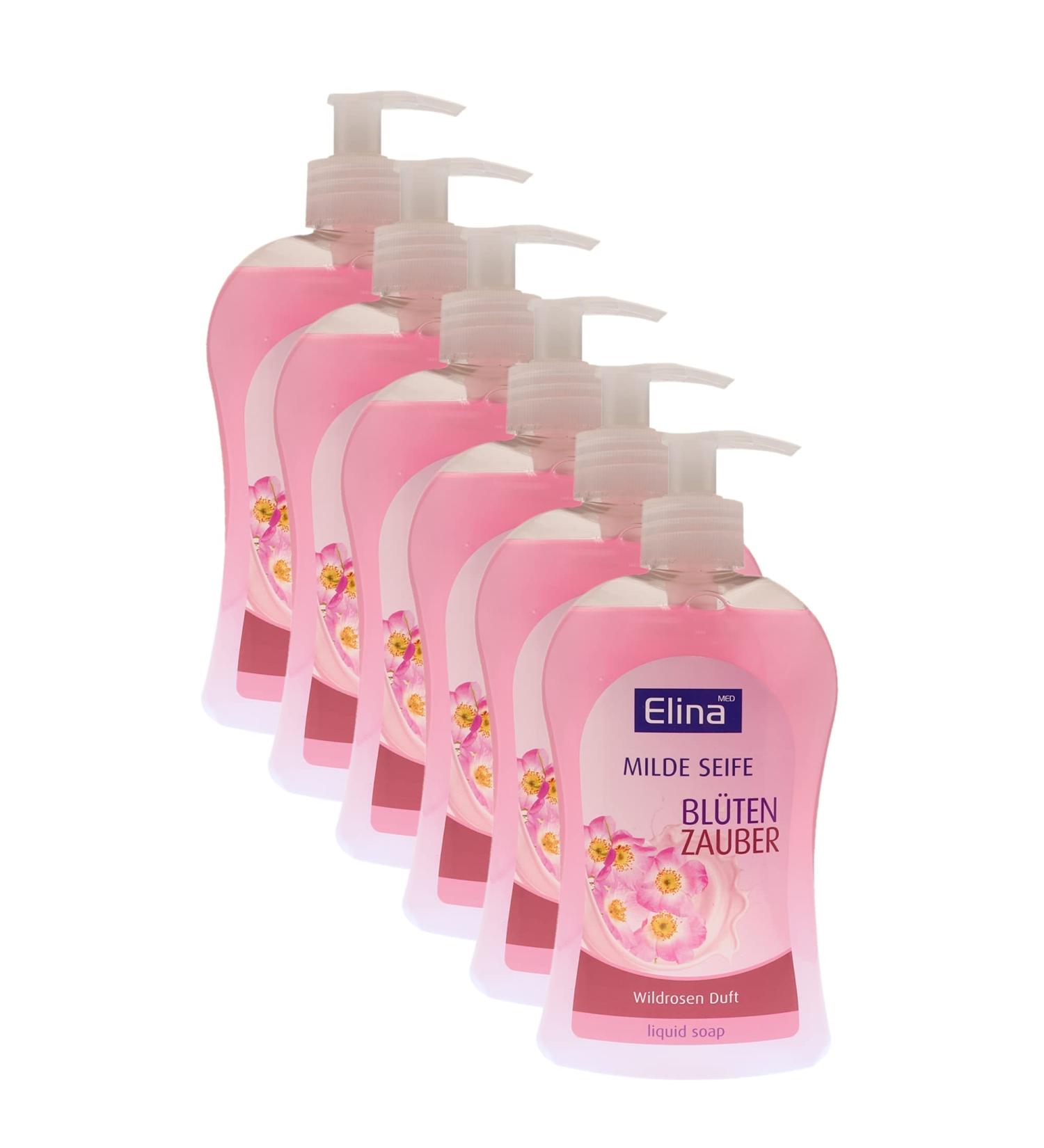 6 x Elina med - Soap/Liquid Soap - Blossom Magic - With Wild Rose Fragrance (6 x 500 ml) 6 pieces (1 pack) Wild Roses