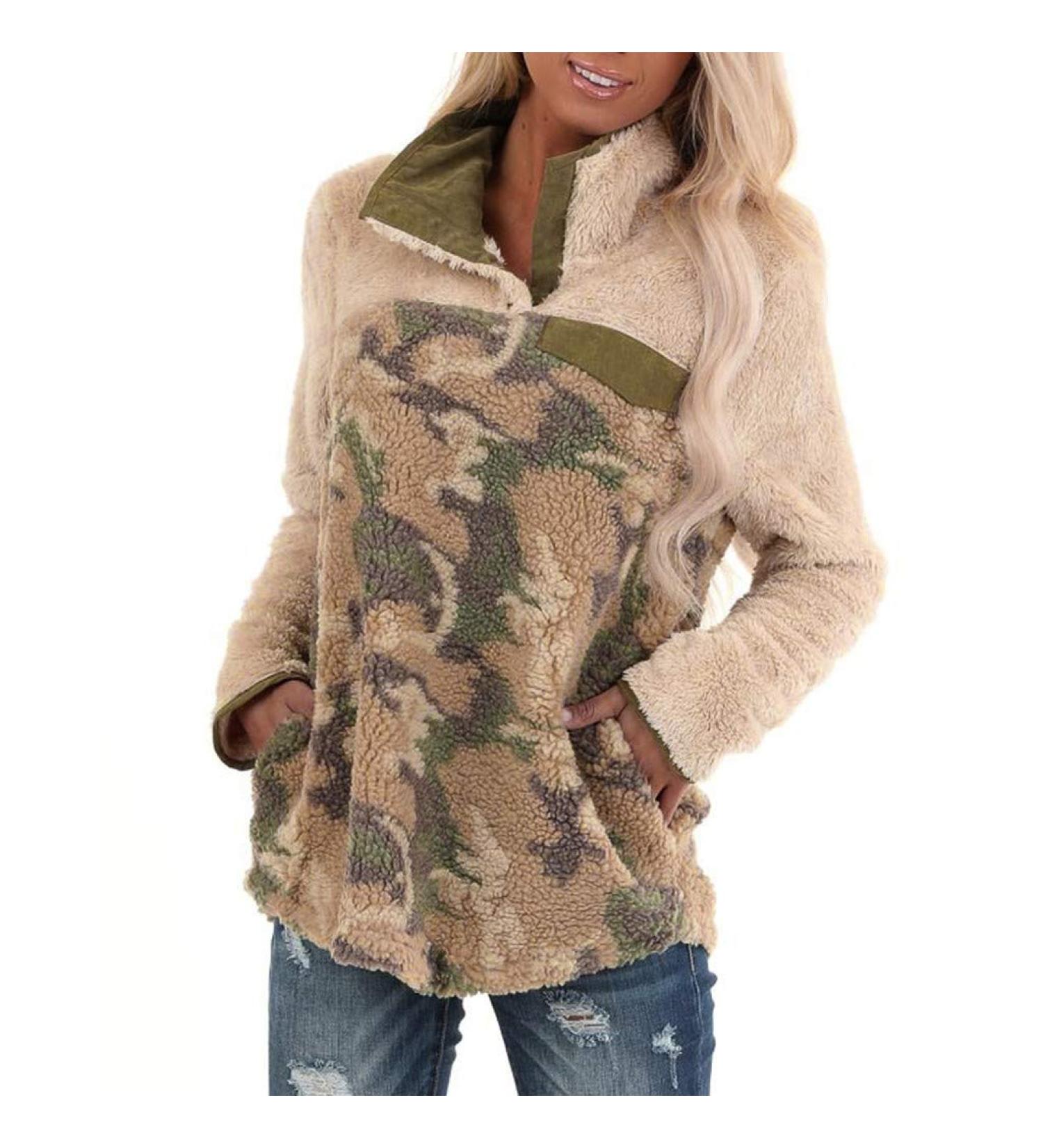 Bigfanshu Woman Dresses Fashion Long Sleeve Plaid Zip Up with Zippered Pockets Winter Jacket Tops Camouflage - Buy Online on GoSupps.com
