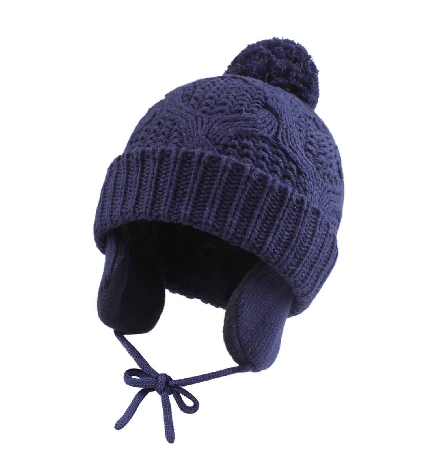 Pesaat Knitted Baby Winter Beanie with Earflaps and Pompom | Fleece Lined for Infant Toddler Boys Girls | 6-12 Months Navy - Buy Online on GoSupps.com