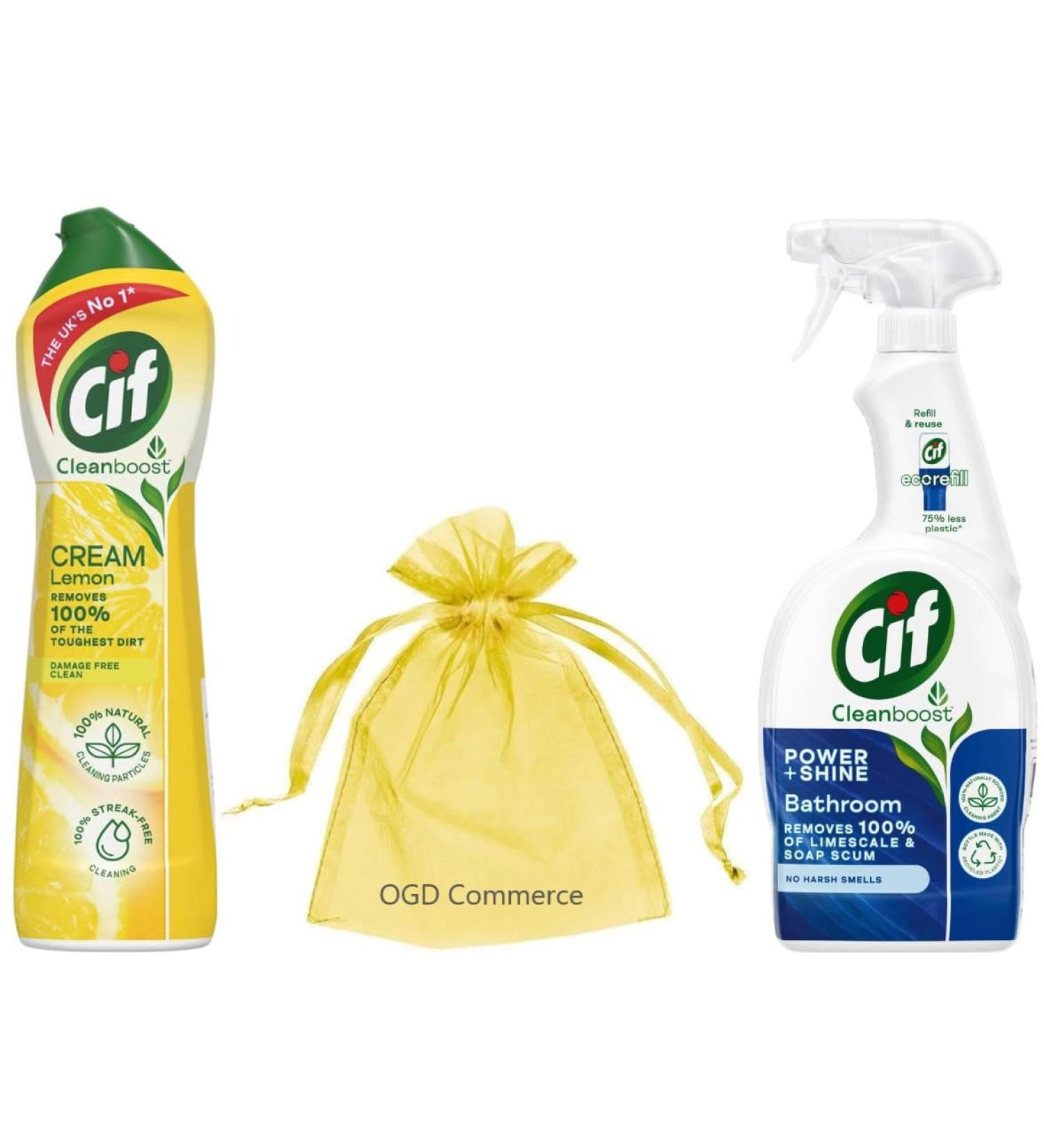 Cif Clean Boost Cleaning Pack: Cream Cleaner for hard surfaces with no damage 500ml Lemon scent + Power + Shine Bathroom Cleaner Spray 700ml Removes Limescale & Soap Scum & No Harsh Smells - Buy Online on GoSupps.com