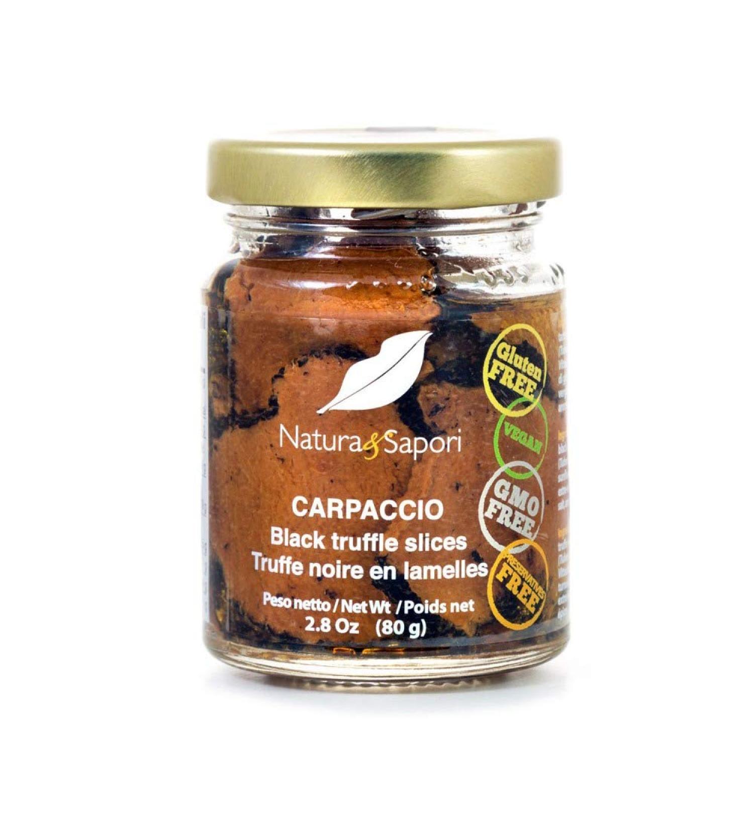 Italian Gourmet Natura e Sapori Carpaccio Tartufo Nero a Graisses (Black Truffle Slices) 80g Truffles. Handcrafted gluten-free in extra virgin olive oil.