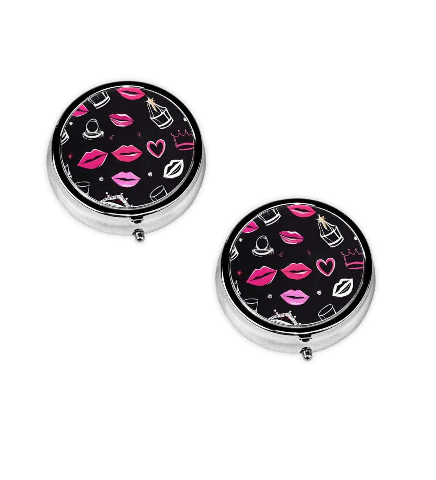 Buy Crown and Lips Round Pill Box - 3 Compartment Mini Decorative Travel Organizer | Portable Pocket Purse for Vitamins & Medicine - Black - Buy Online on GoSupps.com