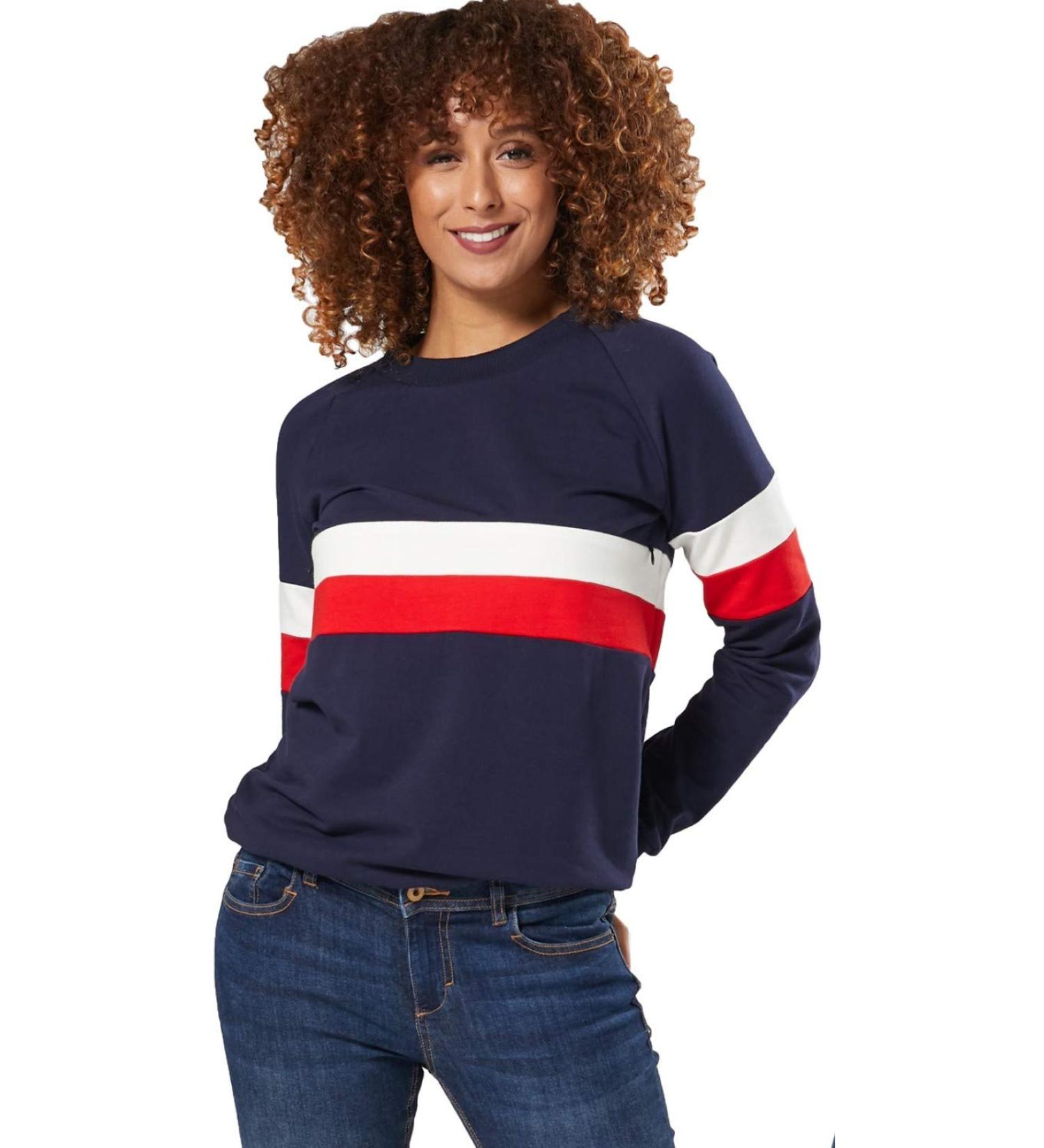 Zeta Ville Maternity Nursing Zipped Sweatshirt - Striped Jumper - Navy Blue - Buy Online on GoSupps.com