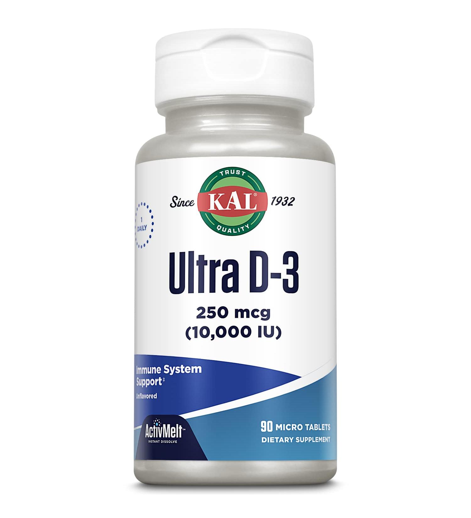 KAL Ultra Vitamin D3 250 mcg (10000 IU) High Potency Vitamin D Calcium Absorption Bone Health and Immune Support Supplement Instant Dissolve Unflavored ActivMelt 90 Servings 90 Micro Tablets - Buy Online on GoSupps.com