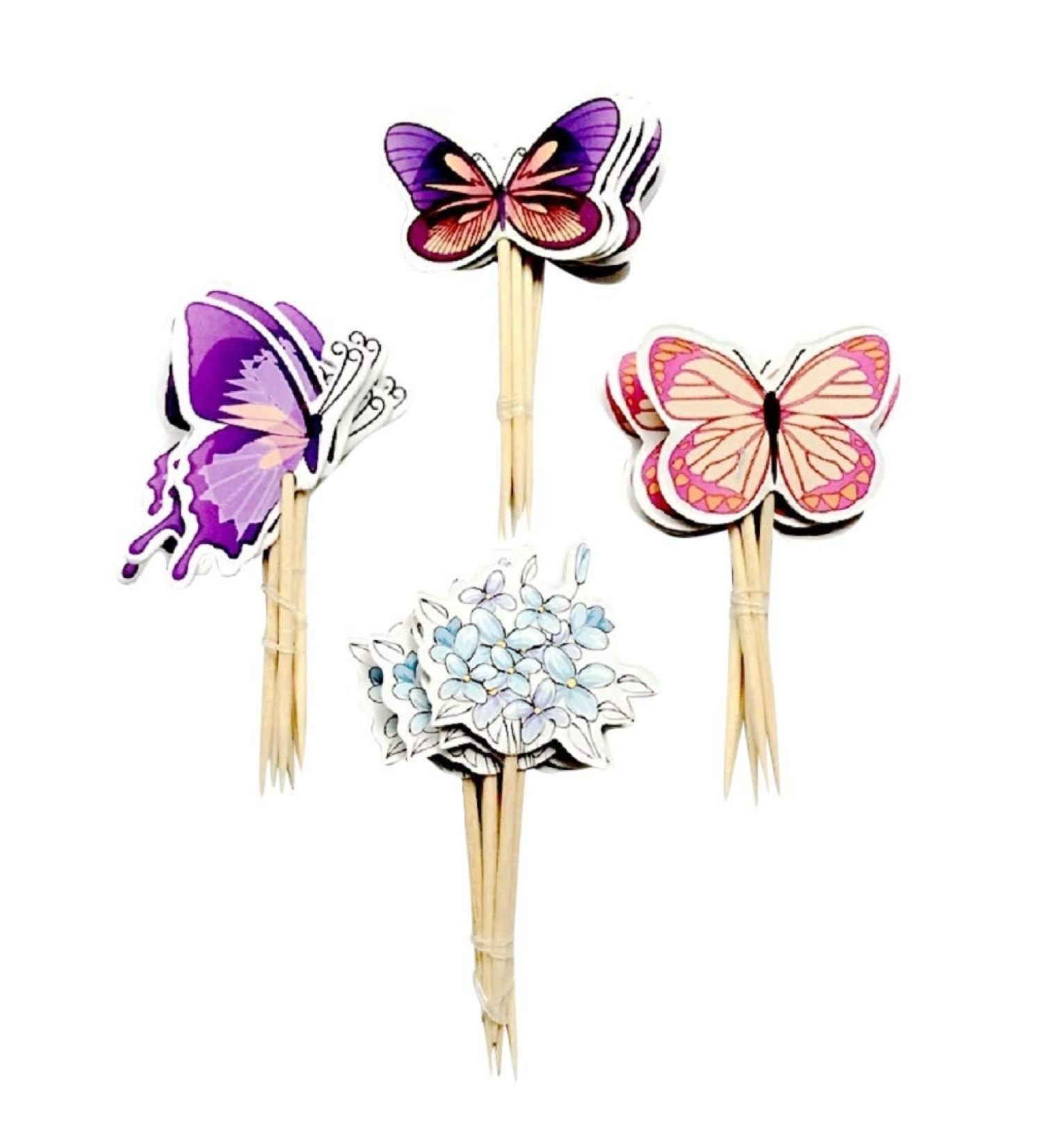 Colorful fun Pets Sloths Cats Dogs Butterflies Cupcake Toppers. Set of 12. (Butterflies)