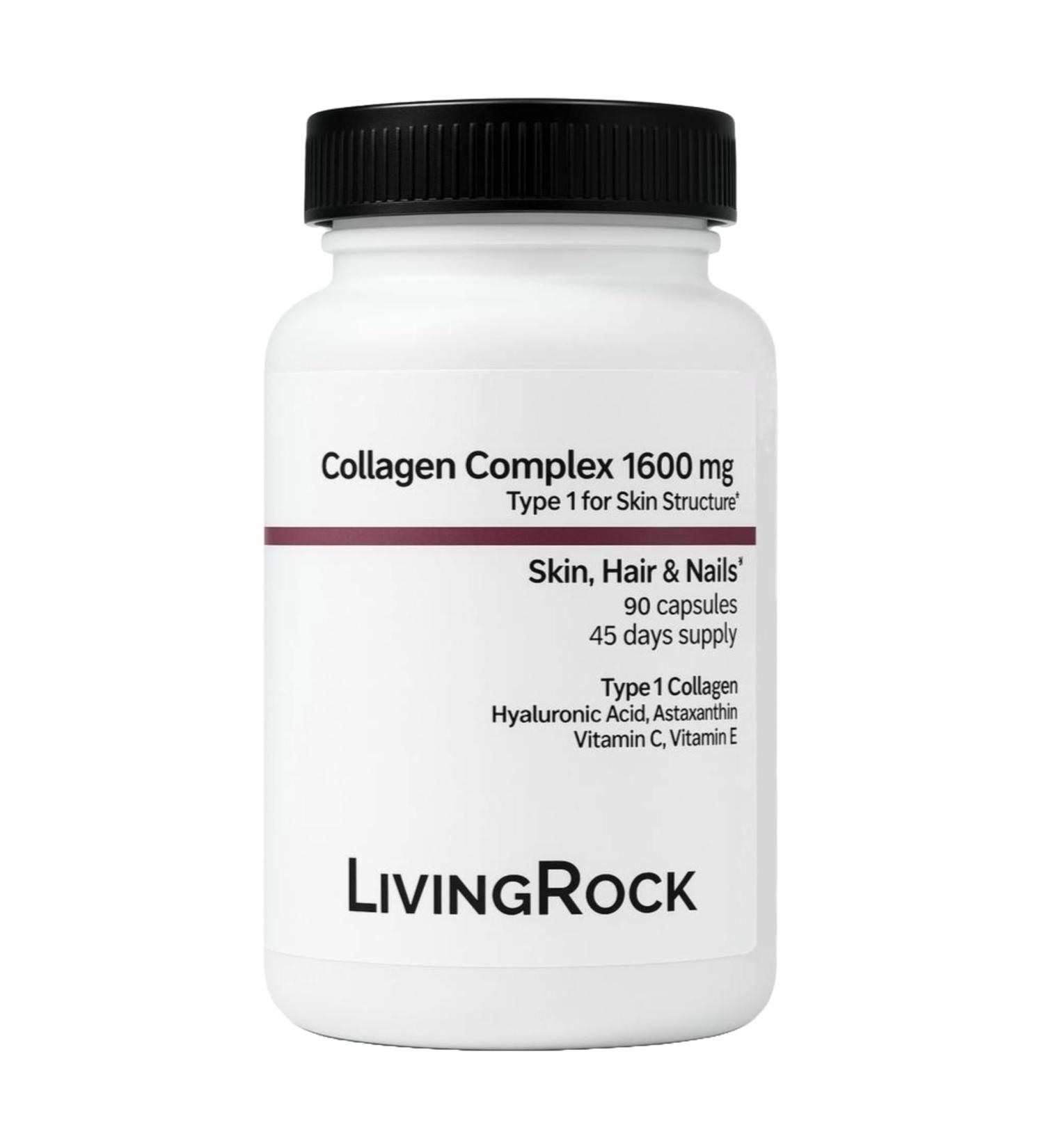 LivingRock Collagen Complex 1600mg with Type I Marine Collagen Hyaluronic Acid Astaxanthin Vitamin C & E Natural Multi-Ingredient Formula 90 Vegetable Capsules 45-Day Supply - Buy Online on GoSupps.com