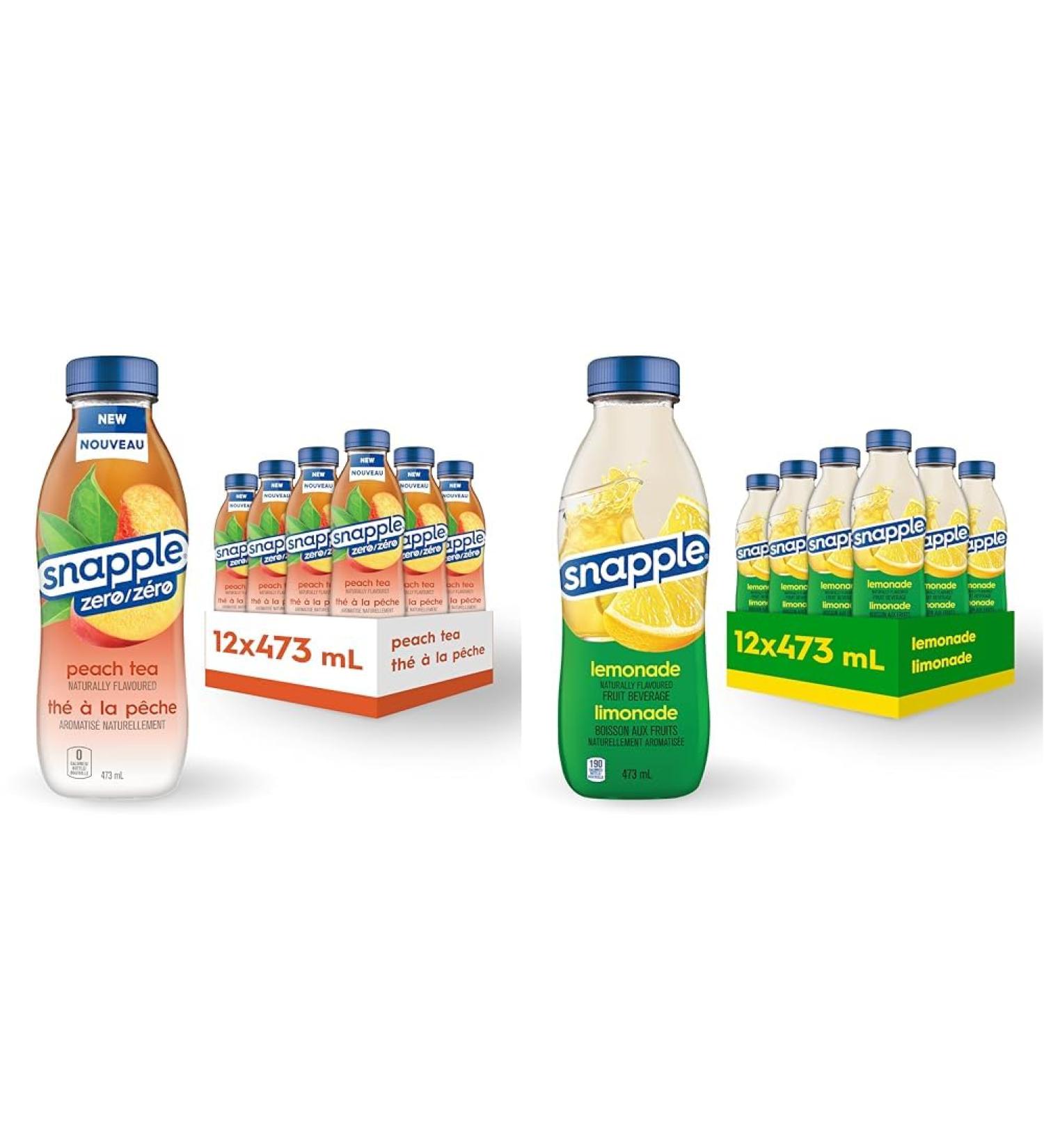 Snapple Zero Naturally Flavoured Peach Tea 473mL 12-Count & Naturally Flavoured Fruit Beverage Lemonade 473mL 12-Count - Buy Online on GoSupps.com