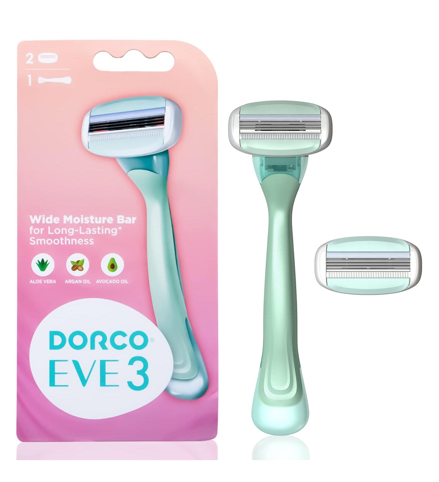 Dorco EVE3 Women's Razors - Extra Smooth Shaving with 3 Curved Blades and Moisture Bar - Includes 1 Handle and 2 Refills - Aloe Vera Infused - Interchangeable Cartridges - Buy Online on GoSupps.com