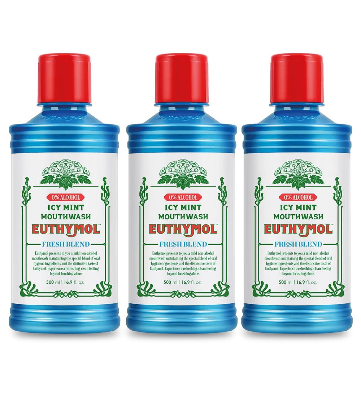 Euthymol Mouthwash Icy Mint 500ml X3 With Fluoride AlcoholFree Strong Flavour Reduces Plaque Cleaning Teeth & Gums Fresh Breath Daily Oral Care - Buy Online on GoSupps.com