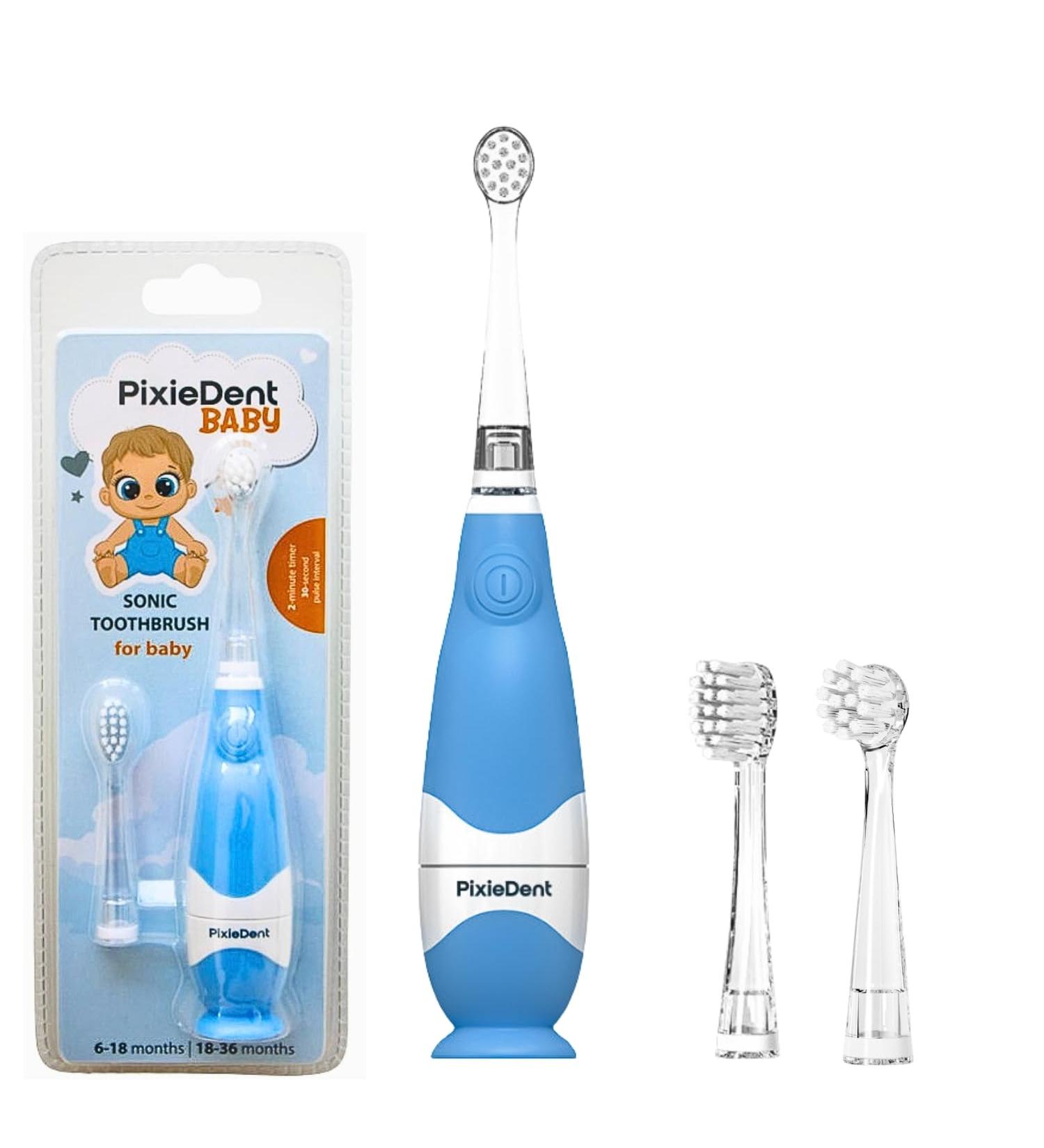 Pixiedent Electric Toothbrush for Kids | Ultrasound & Sound Modes | Gentle LED Bristles | 2 Replacement Brushes & Timer | Baby Blue for Ages 0-3 - Buy Online on GoSupps.com
