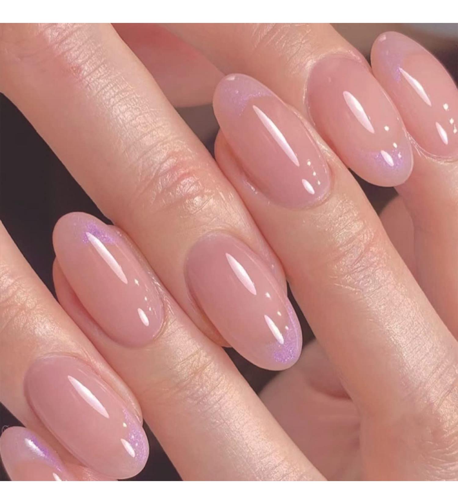 Justotry 24 Pcs Nude Oval Short Glitter French Press on Nails - Purple Almond Medium Stick on Nails with Nail Glue for Women - Nail Art Fake Nails - Buy Online on GoSupps.com