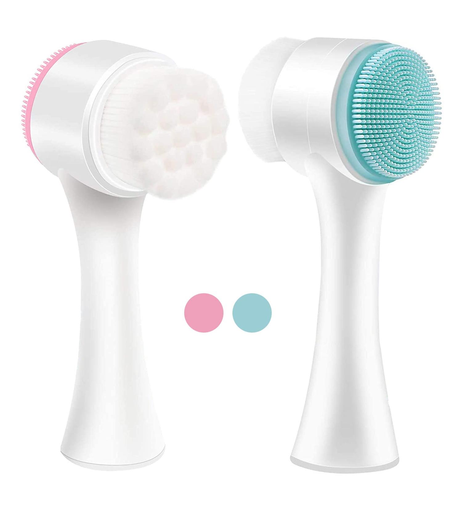Facial Cleansing Brush 2 Pcs 2 In 1 Face Brush 3D Facial Brush with Soft Bristles Double Sided Silicone Wash Brush Exfoliating Brush for Deep Cleansing Removing Blackhead and Massaging (PINK & BLUE) - Buy Online on GoSupps.com