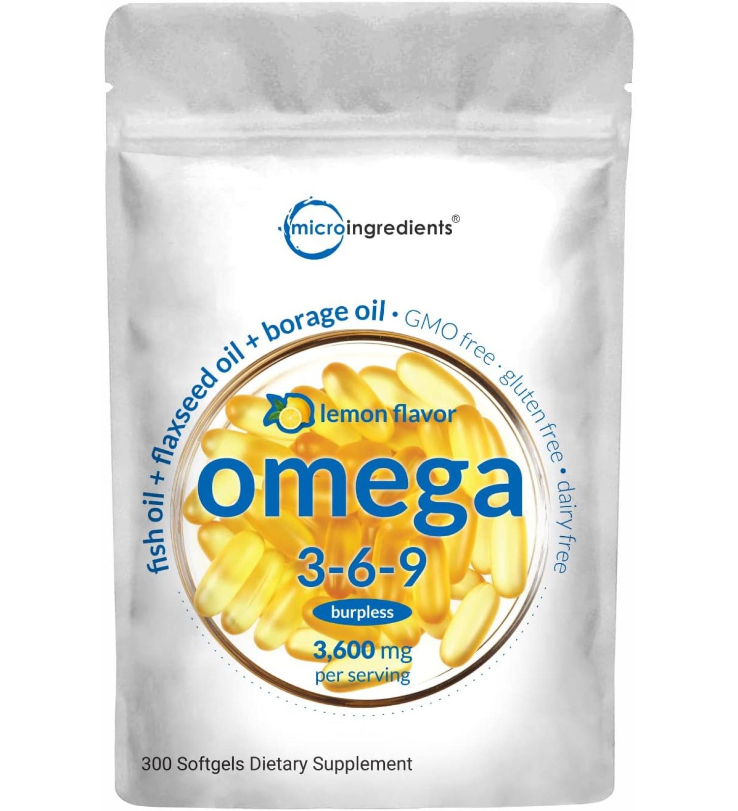 Ultra Omega 3-6-9 3600mg Perserv 300 Burpless Softgels | Lemon Flavor | Fish, Flaxseed, Borage Oils | Non-GMO, Gluten-Free, Mercury Free - Buy Online on GoSupps.com