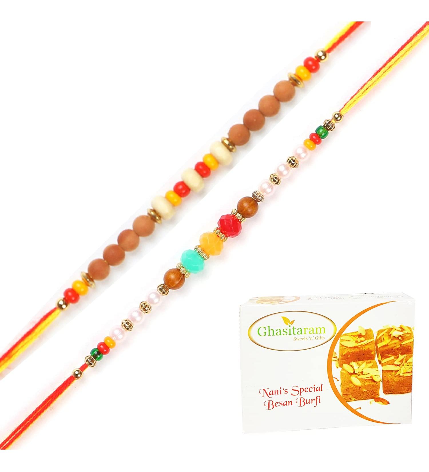 Ghasitaram Gifts Rakhi for Brother Rakhis Online - Set of 2 6045 6082 Rakhi Threads with 200 GMS of Besan Barfi - Buy Online on GoSupps.com