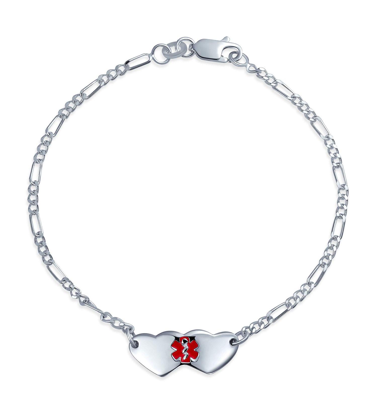 Engravable Sterling Silver Medical ID Bracelet - Dainty Double Heart Shape for Teens | 6-7 Inch Adjustable Wrist - Buy Online on GoSupps.com