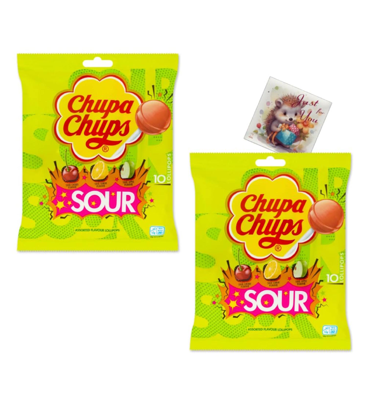 Chupa Chups Sour Lollipops - 20 Lollies (2x10) Iconic Flavours: Cherry Apple Lemon | Kids Treats Fruit Assortment Bulk Candy | Ideal for Sharing | Includes Jaspem Greeting Card - Buy Online on GoSupps.com