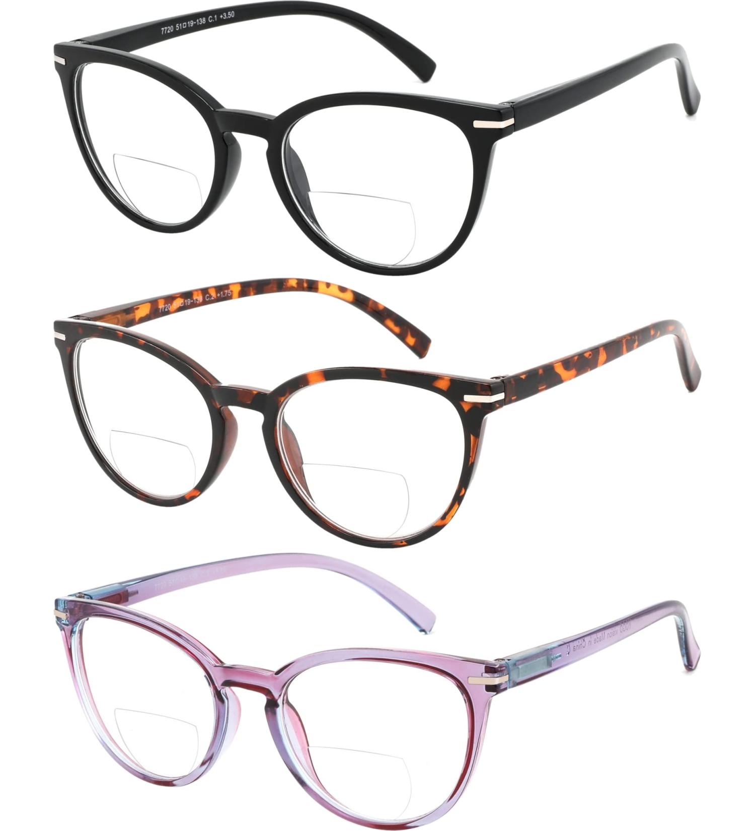 Yogo Vision Bifocal Reading Glasses - Retro MultiFocal Readers for Men & Women | 3 Pack: Black Demi Purple 1.75x | Spring Hinges - Buy Online on GoSupps.com