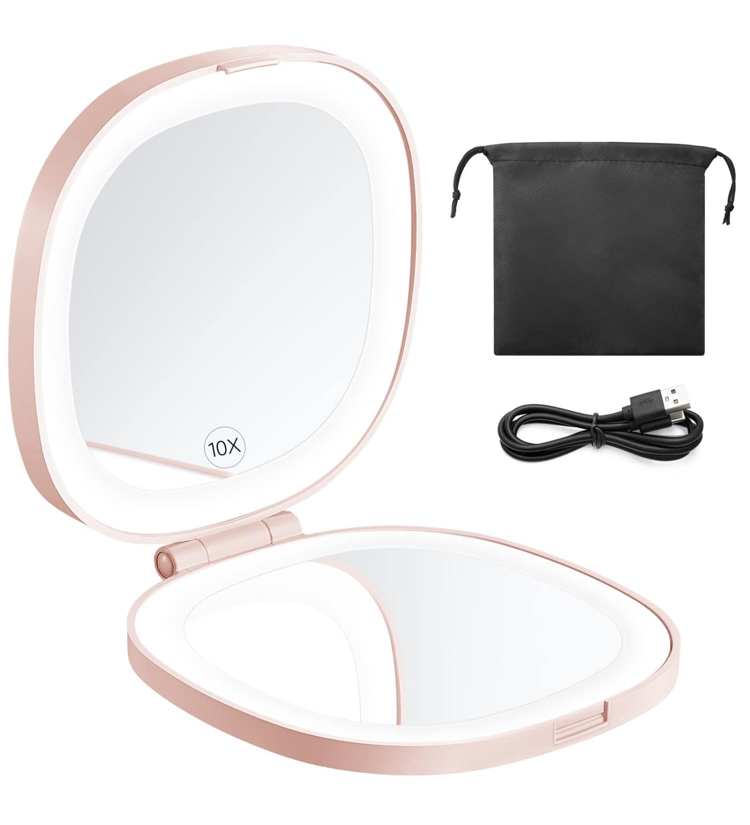 KEDSUM Lighted Compact Mirror 1X/10X Magnifying Travel Makeup Mirror - Rechargeable LED Lights, Dimmable, Portable - Pink - Buy Online on GoSupps.com