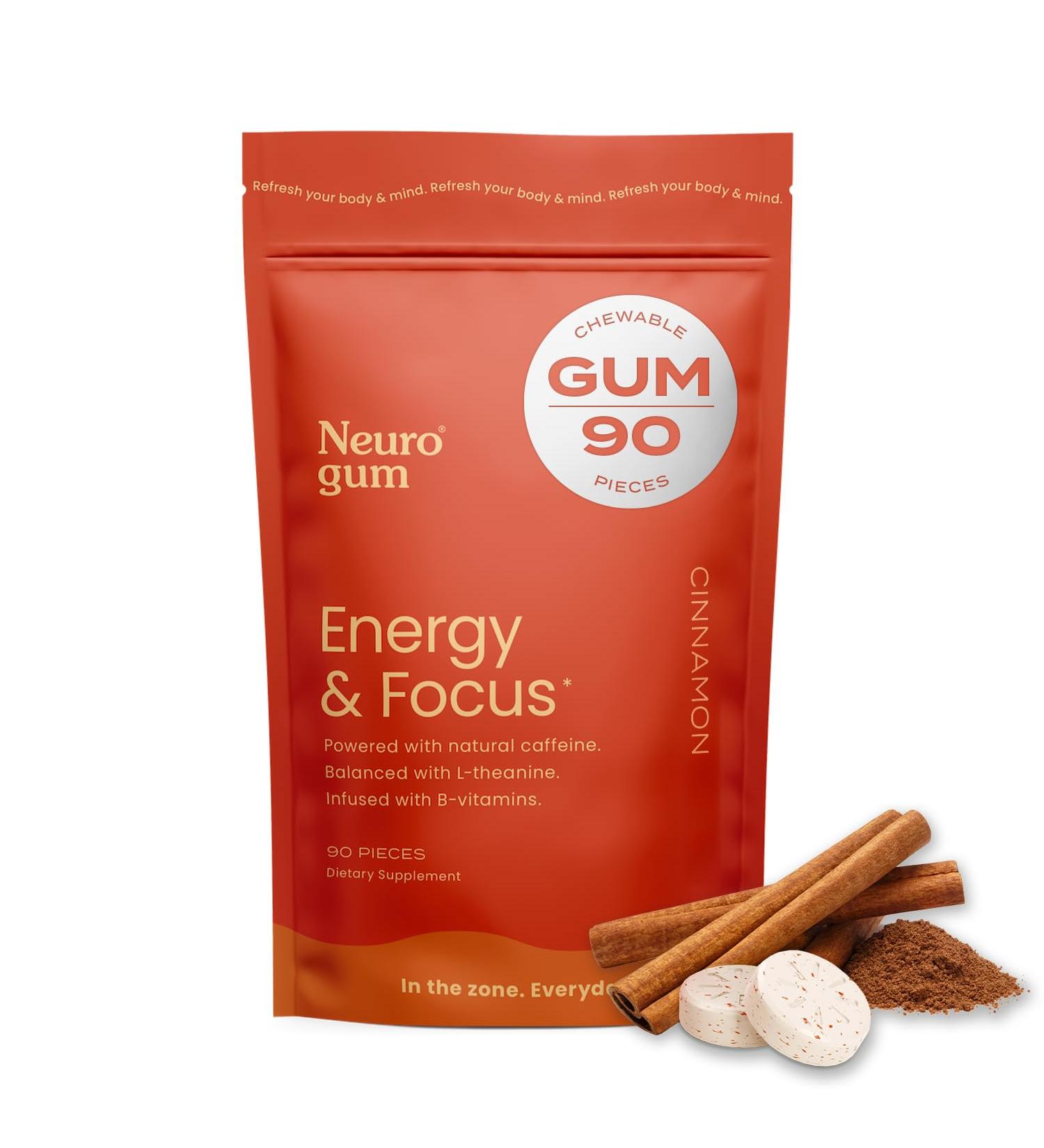 NeuroGum Energy Caffeine Gum - Sugar Free Nootropic Focus Supplement with L-theanine Vitamin B12 & B6 - Keto & Vegan Cinnamon Flavor (90 Pieces) - Ideal for Energy Boost - Buy Online on GoSupps.com