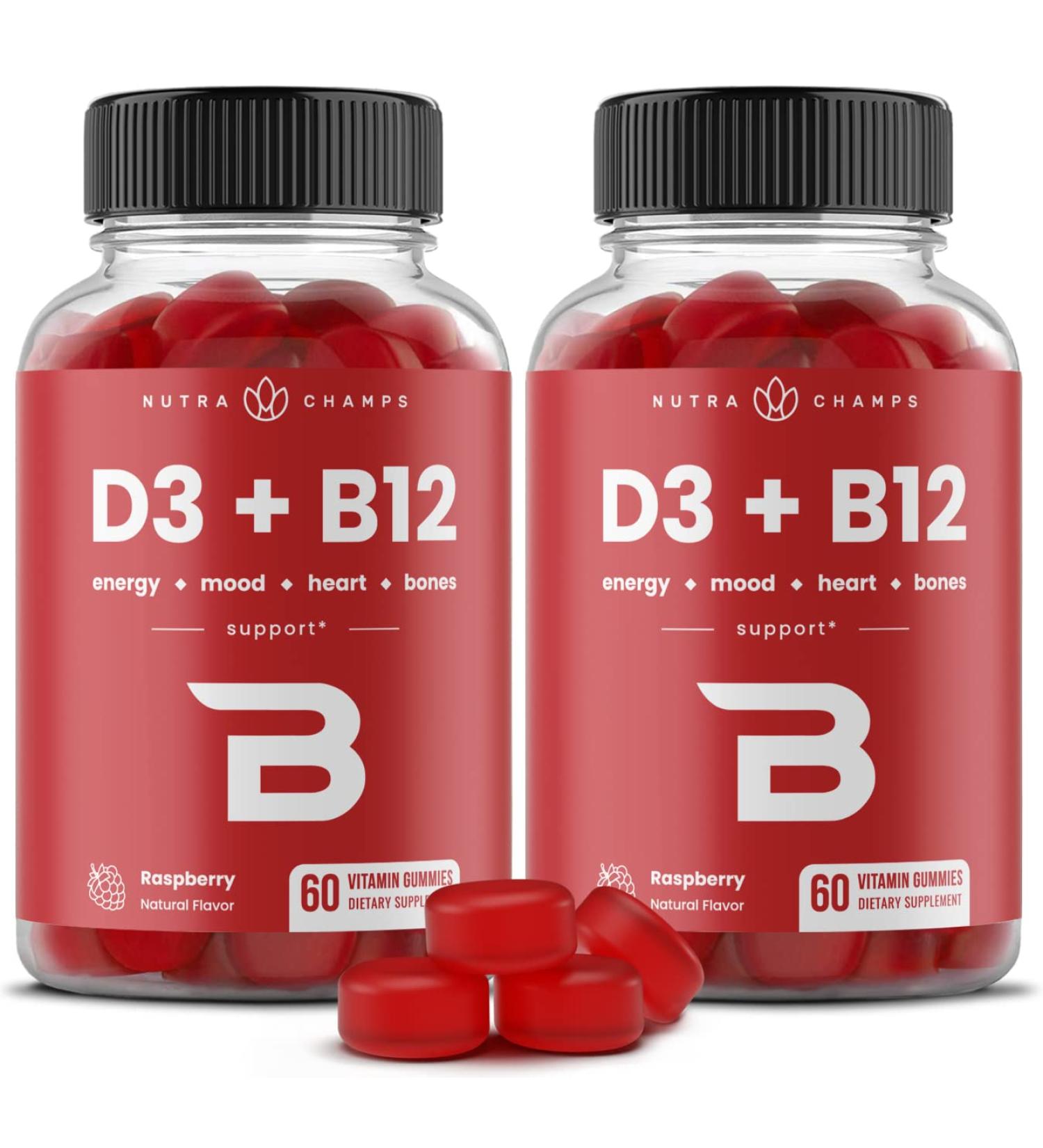 NutraChamps Vitamin D3 & B12, Methyl B12 Gummies for Adults & Kids, Enhanced with Vitamin D 3 & B9 Vitamin Folate, Natural Energy, Mood, Metabolism & Focus, Raspberry, 120 Gummies (Pack of 2) - Buy Online on GoSupps.com