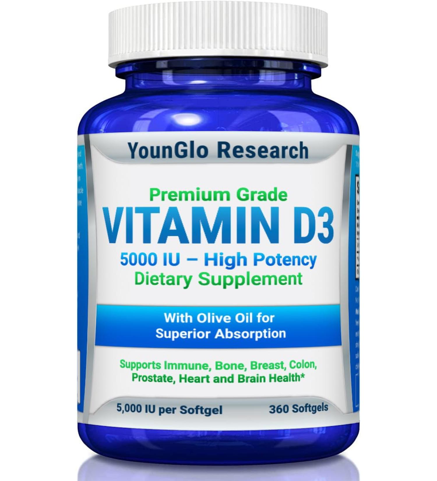 YounGlo Research Vitamin D3 5000 IU Softgels - Bone & Immune Support (360 Count) - Buy Online on GoSupps.com