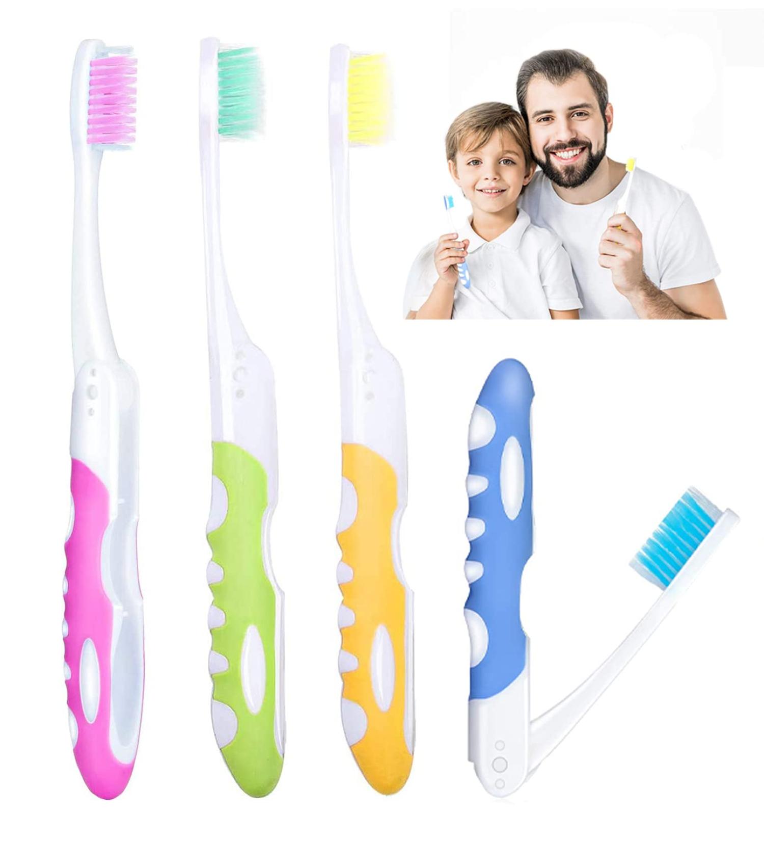4-Pack Foldable Travel Toothbrushes - Soft Manual Toothbrushes for Sensitive Gums in Pink Yellow Blue & Green - Buy Online on GoSupps.com