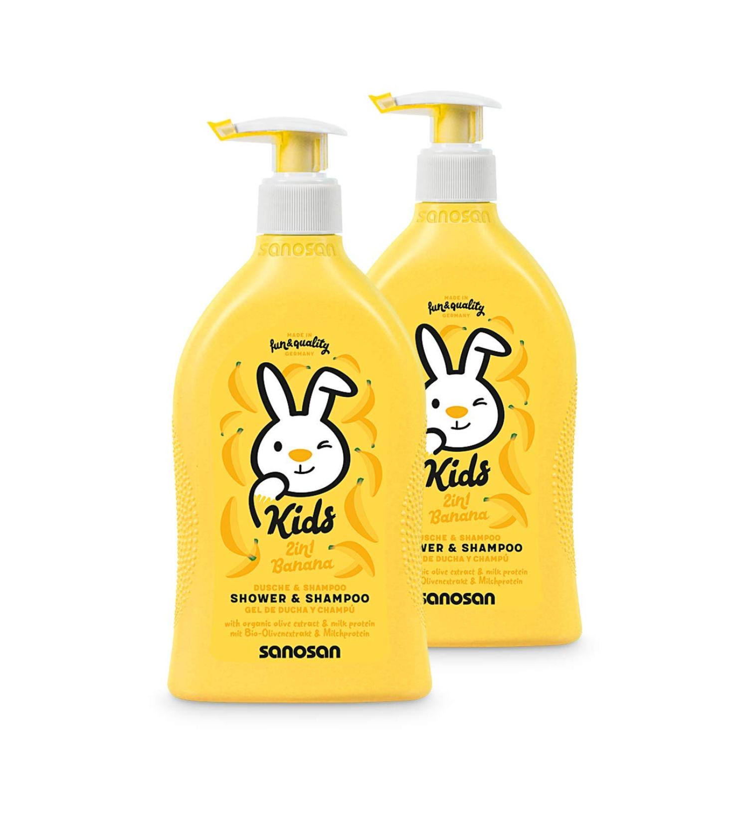  Sanosan Sanosan 2-in-1 Banana Shampoo & Shower Gel for Children - Shampoo & Shower Gel with Organic Olive Extract and Milk Proteins (2 x 400 ml) - Hair Shampoos - Body Wash - Buy Online on GoSupps.com