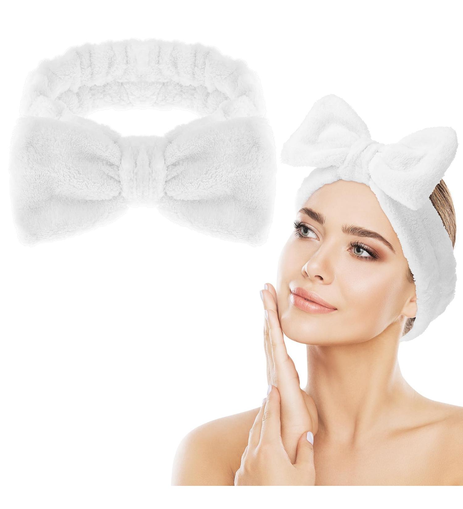 Spa Bowknot Headband for Women - Elastic Coral Fleece Makeup Hair Bands | Wide-Clamp Cosmetic Headband for Shower & Skincare (White) - Buy Online on GoSupps.com