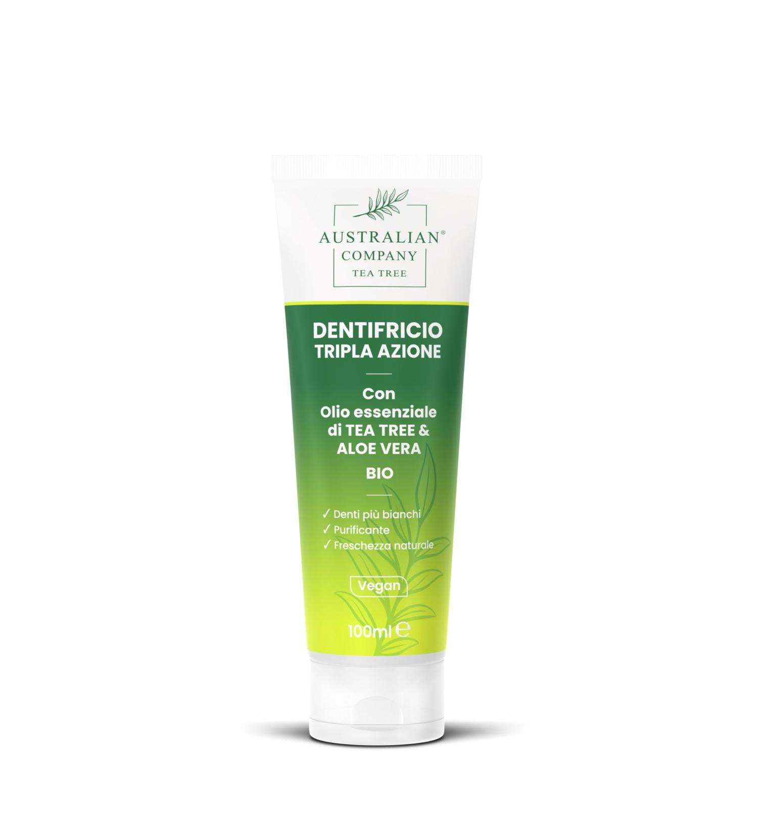Triple action gel toothpaste with organic tea tree oil and aloe vera for daily oral hygiene. - Buy Online on GoSupps.com