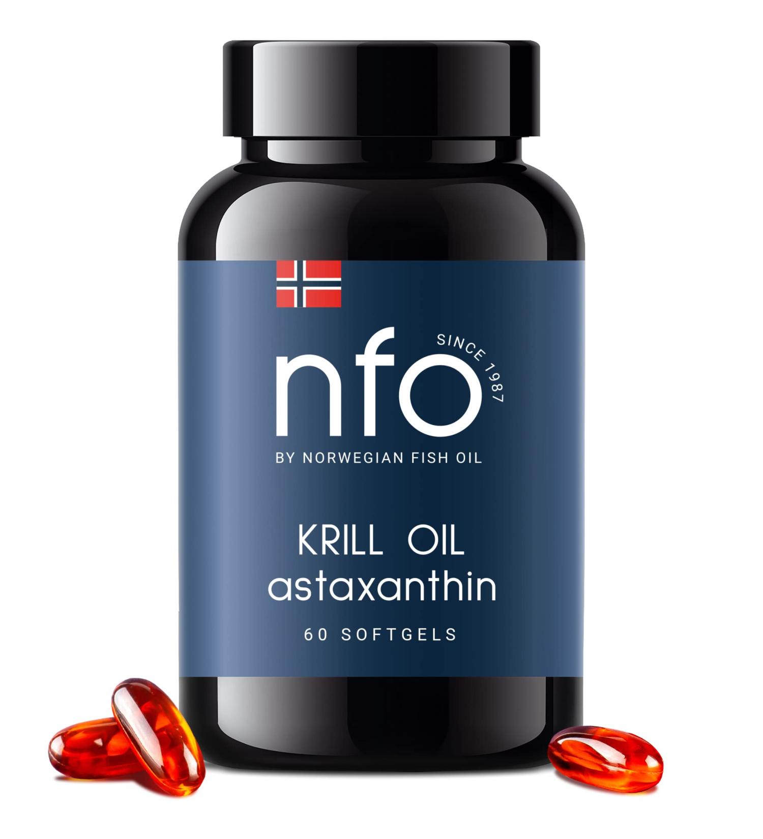 NFO Omega 3 Krill Oil Astaxanthin 60 Capsules - Antarctic Blend with Norwegian Fish Oil, High EPA & DHA, Phospholipids & Astaxanthin - Premium Supplement - Buy Online on GoSupps.com
