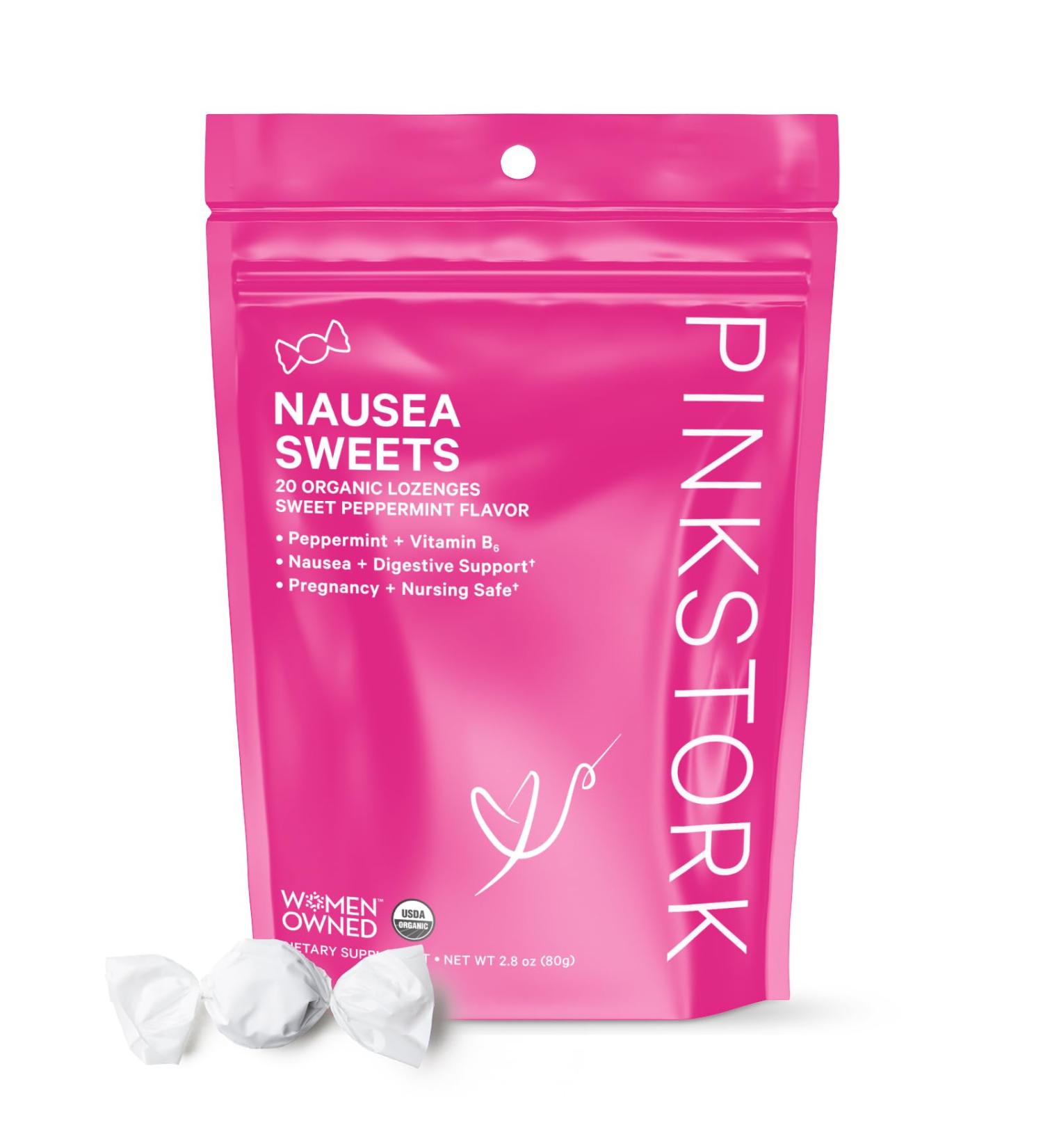 Pink Stork Organic Peppermint Sweets for Morning Sickness and Motion Sickness Support Added Vitamin B6 1st Trimester Pregnancy Must Haves - 20 Wrapped Peppermint Candies