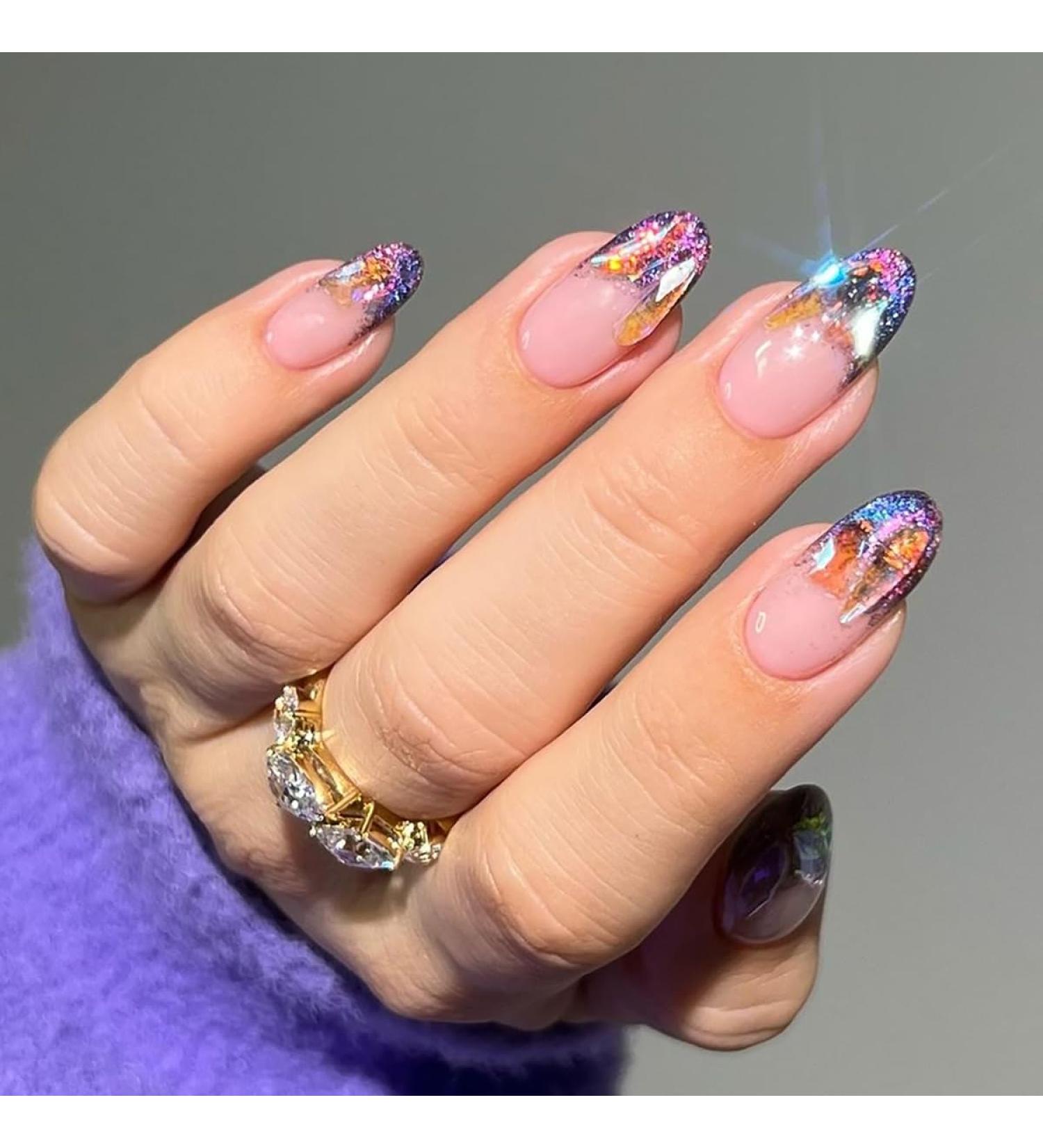 Mouyouglow Short Almond Nude Glitter French Tip Press-On Nails with Glue & 3D Rhinestones - Buy Now! - Buy Online on GoSupps.com