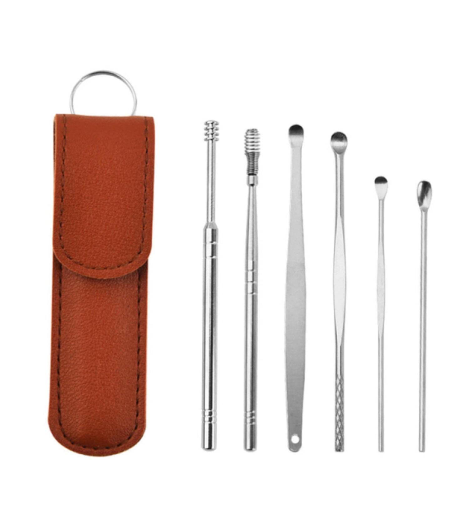 6-Piece Stainless Steel Double Head Spiral Ear Wax Removal Tool Set - Adult Ear Pick Health Care Kit - Brown - Buy Online on GoSupps.com