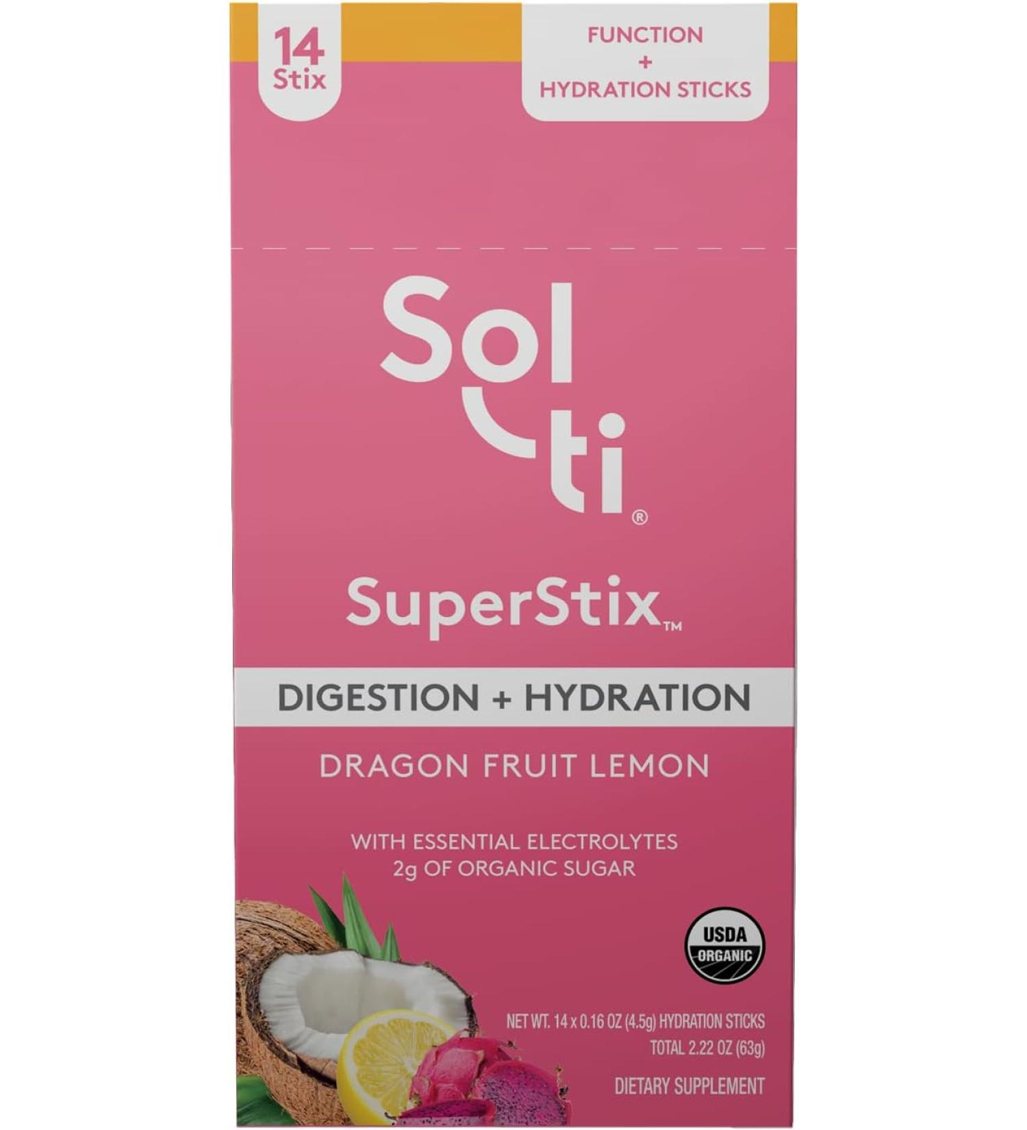 Sol ti Organic Electrolyte Digestion Hydration Drink Mix Superfood Non GMO 14 Sticks - Dragon Fruit Lemon - Buy Online on GoSupps.com