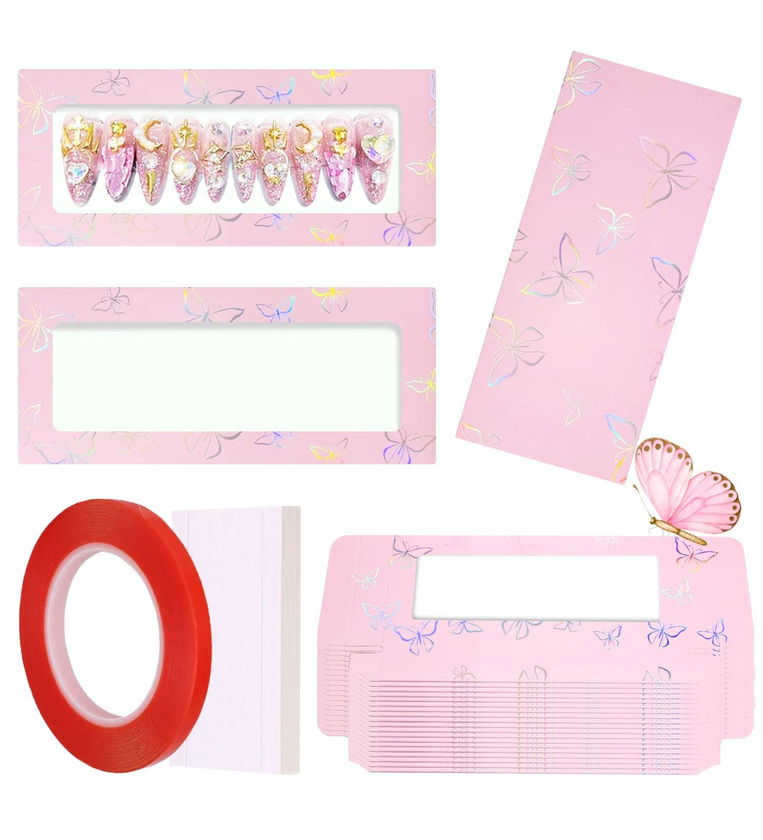 35 Pcs Pink Butterfly Empty Press On Nails Packaging Box Set | Double Sided Tape & White Background Papers | Ideal for Press On Nail Business - Buy Online on GoSupps.com