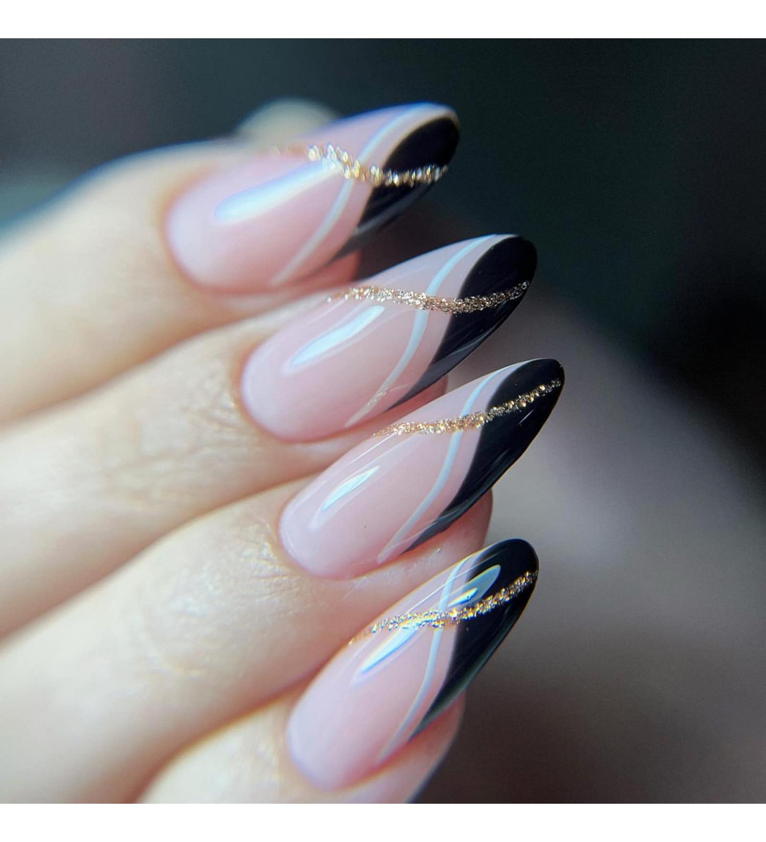 Justotry Gold Glitter Stiletto Nails - 24-Piece Black French Press-On Almond Fake Nails for Women | Beautiful Glitter Art | International Shipping - Buy Online on GoSupps.com