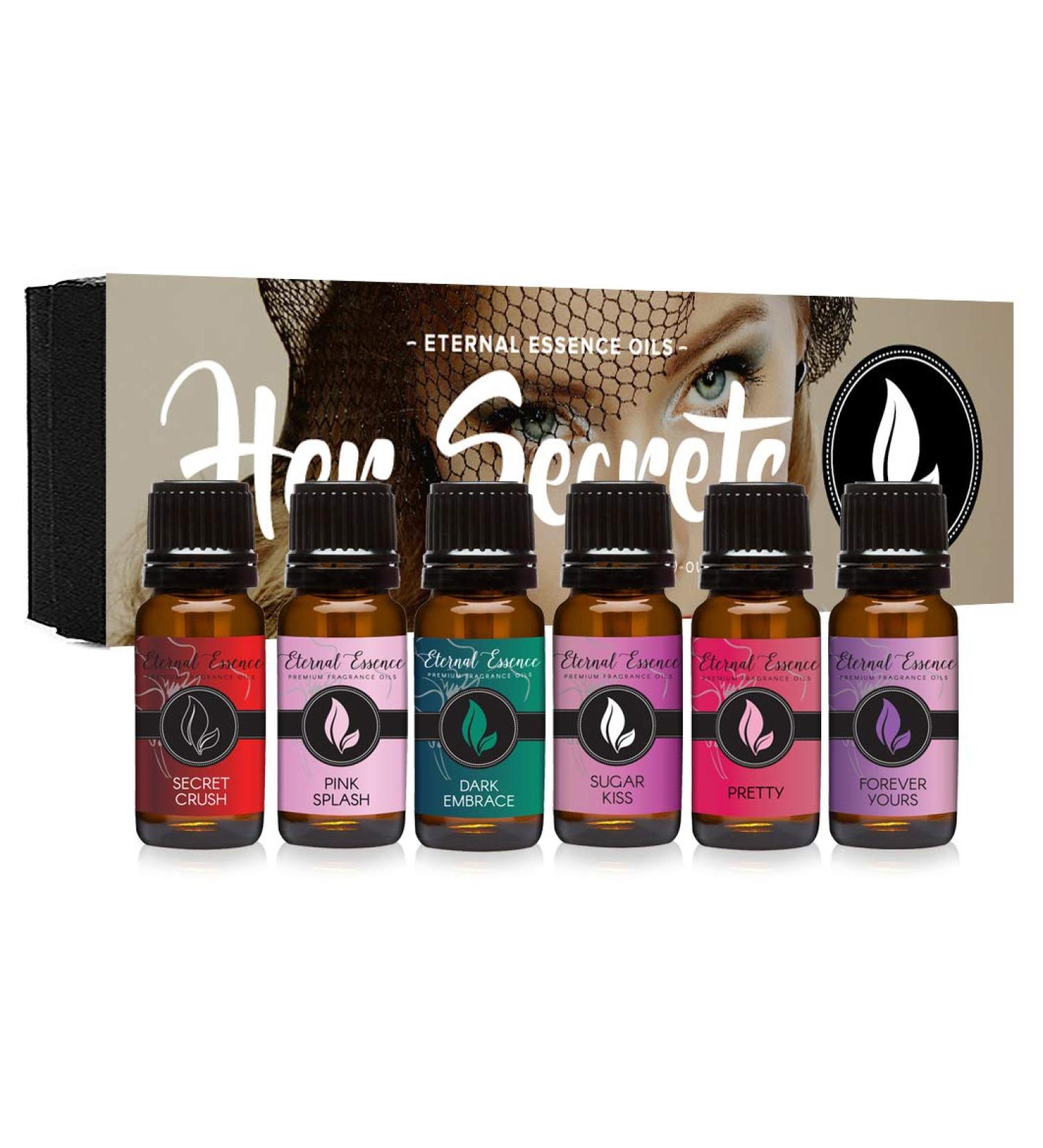 Her Secrets - Gift Set of 6 Premium Fragrance Oils - Pretty, Dark Embrace, Forever Yours, Secret Crush, Pink Splash, Sugar Kiss - Eternal Essence Oils