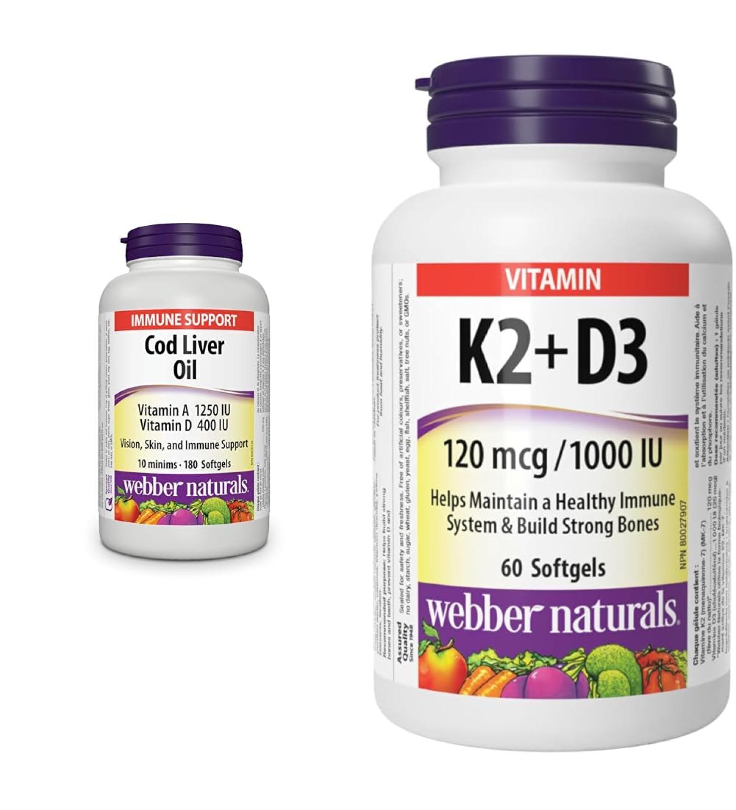 Webber Naturals Cod Liver Oil with Vitamin A and D3 180 Softgels Vision Skin and Immune Support & Vitamin K2 with D3 60 Softgels Helps Support Bones Teeth and Immune Function Gluten - Buy Online on GoSupps.com