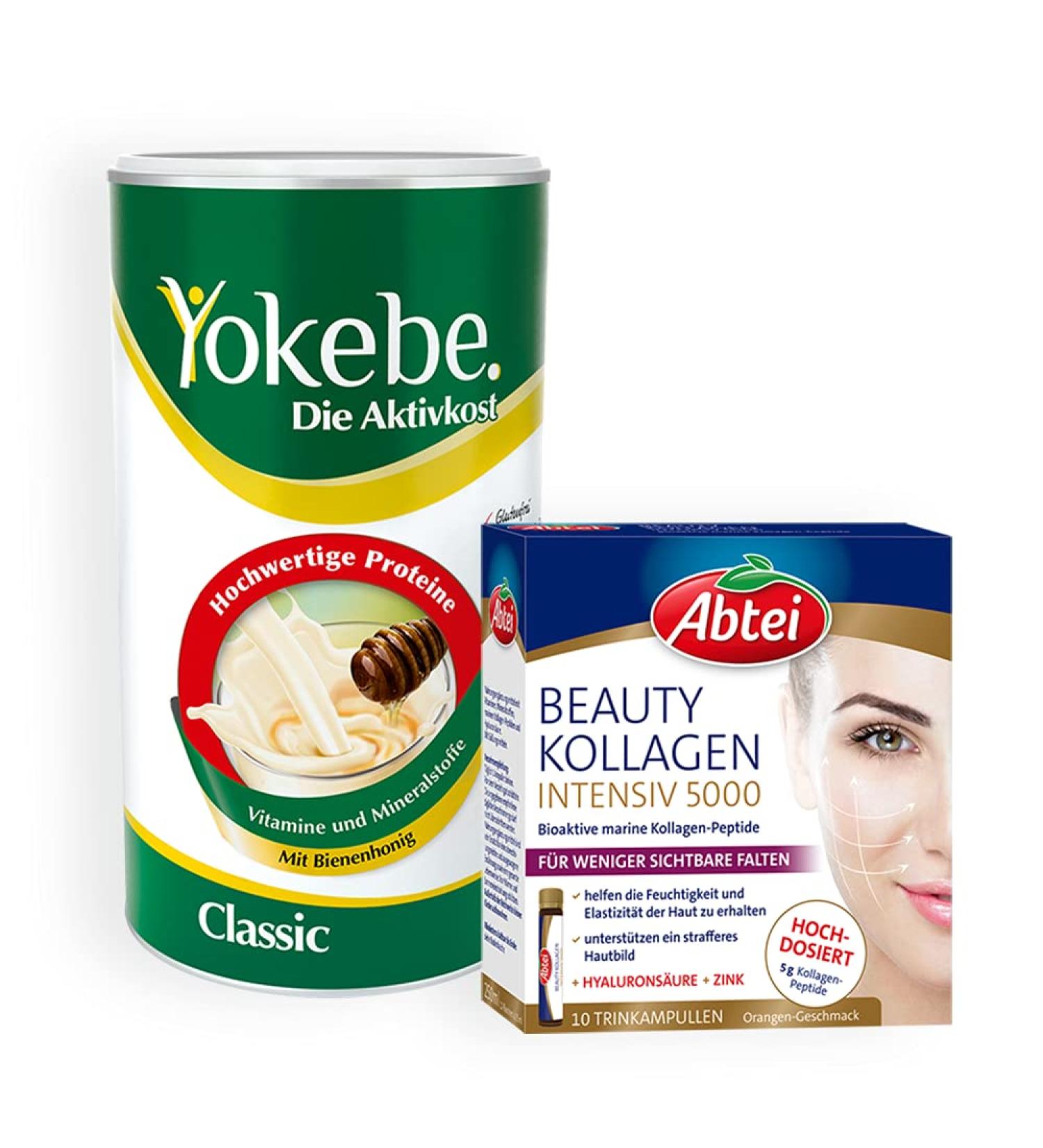 YOKEBE Classic Diet Shake & Abbey Beauty Collagen Set - 500g Meal Support & 10 Collagen Ampoules for Weight Loss & Beauty - High-Quality Protein & 5g Collagen Peptides - Buy Online on GoSupps.com