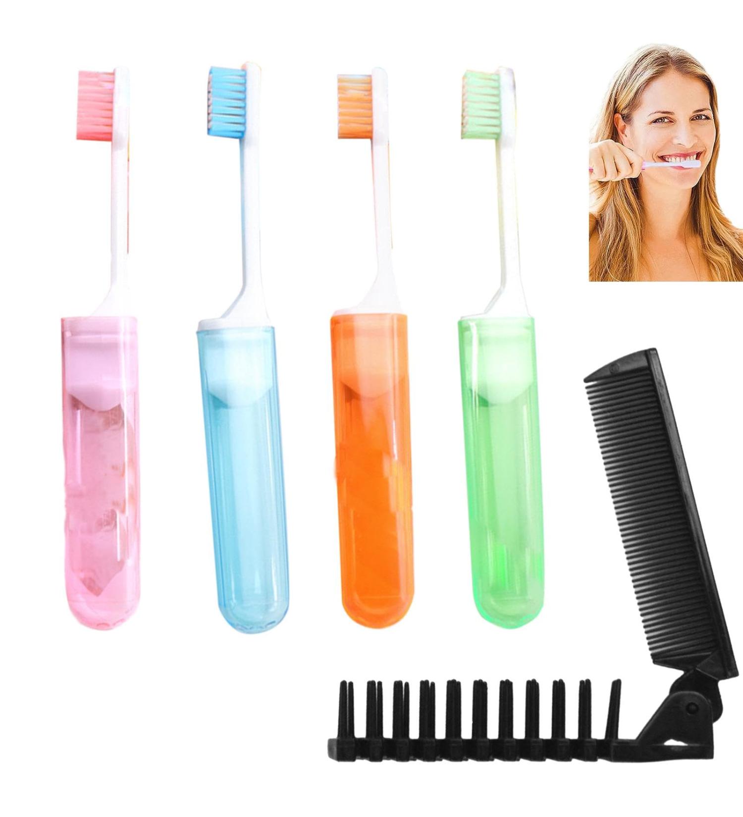 Shop Jiakalamo 4-Piece Travel Toothbrush Kit - Foldable Soft Bristles & Comb - Perfect for Adults & Kids - Camping & Hiking Essentials - Pink Orange Blue Green Colors - Buy Online on GoSupps.com