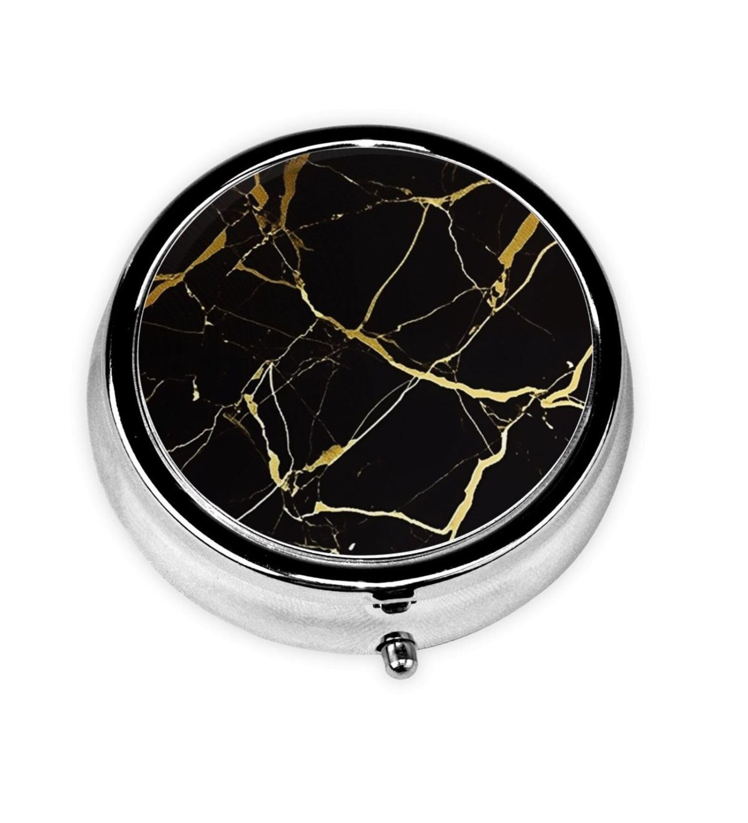 Gold and Black Lines Portable Metal Pill Box | 3-Compartment Mini Organizer for Travel | Hinged Design for Small Pills - Buy Online on GoSupps.com