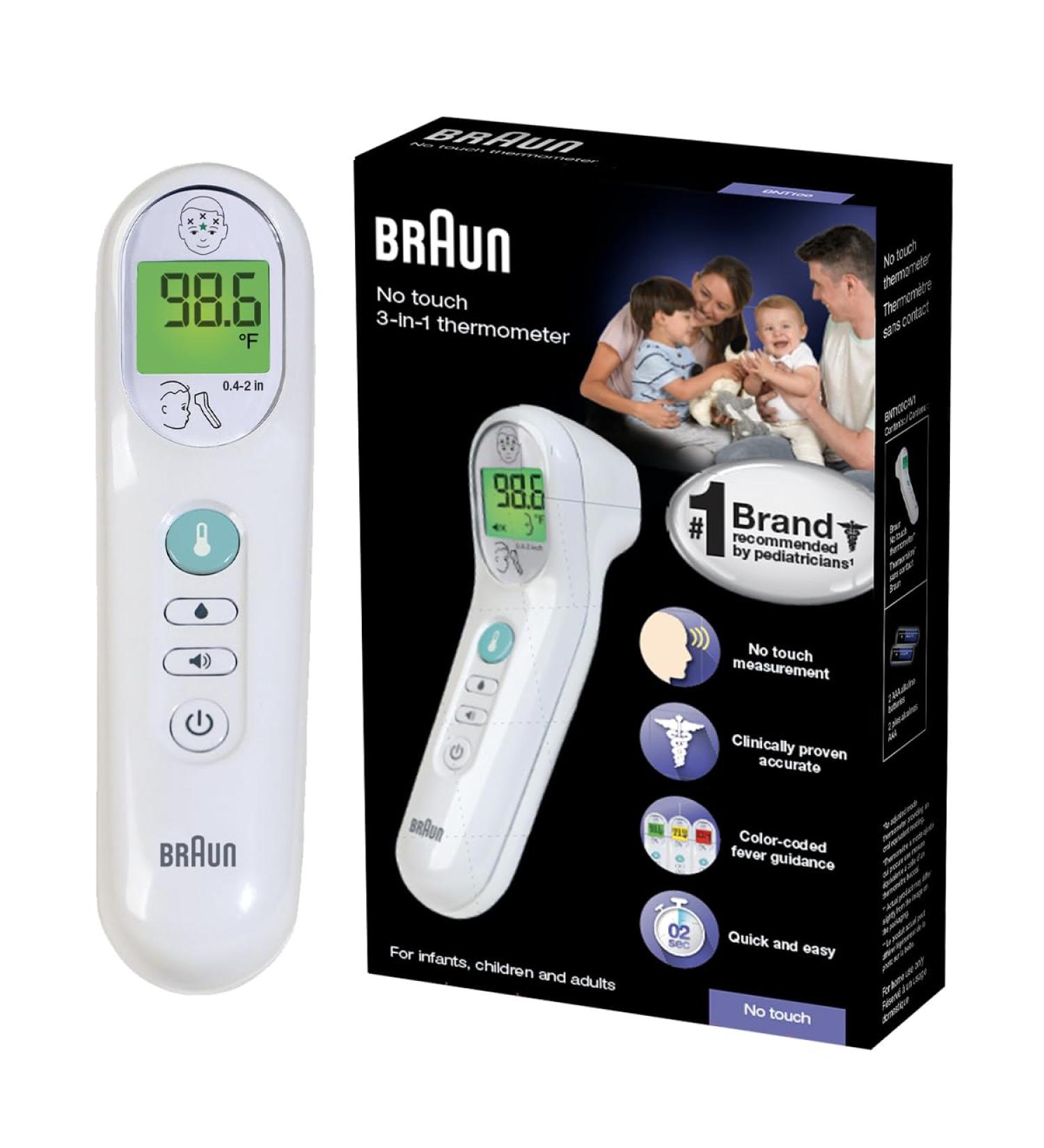 Buy Braun No Touch 3-in-1 Thermometer | Accurate Forehead Liquid & Food Temp Measurement | Color Coded Fever Guidance for All Ages - Buy Online on GoSupps.com