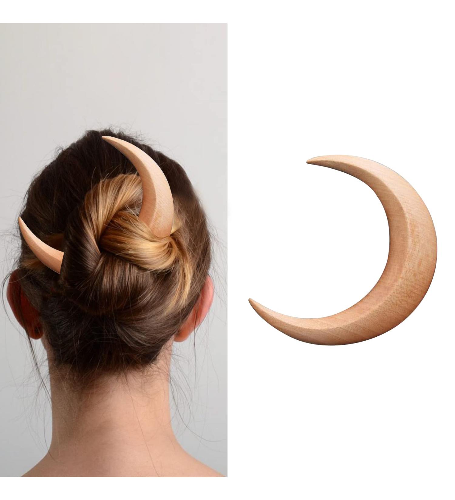 Wooden Moon Hair Stick | Hair Fork Hairpin for Parties | Efficient Hair Holding for Long Thick Hair | Natural Color | Women with Long Hair - Buy Online on GoSupps.com