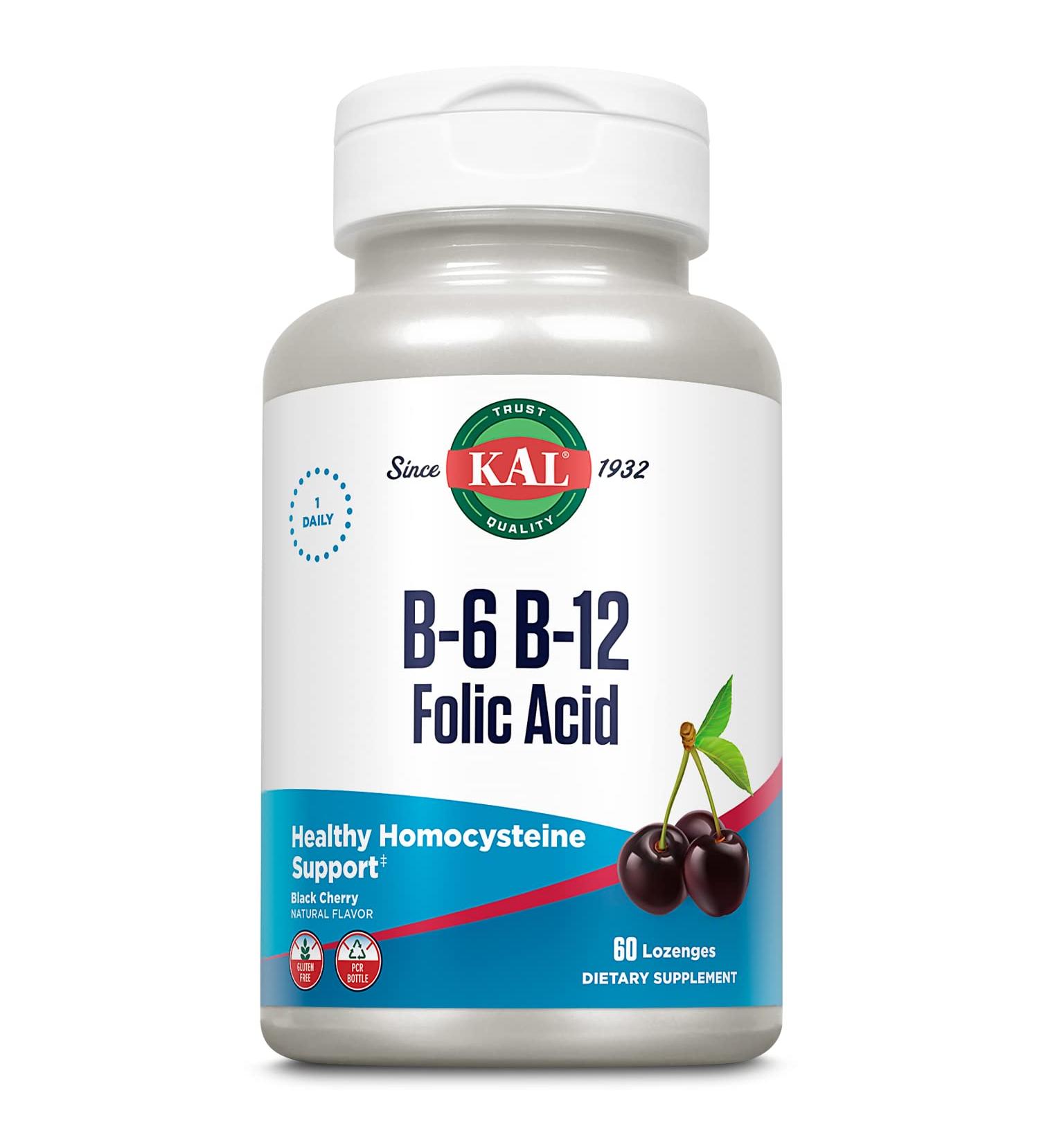 KAL Vitamin B-6 B-12 Folic Acid Supplement | Healthy Energy, Heart & Blood Cell Support | Cherry Lozenges - 60 Servings - Buy Online on GoSupps.com