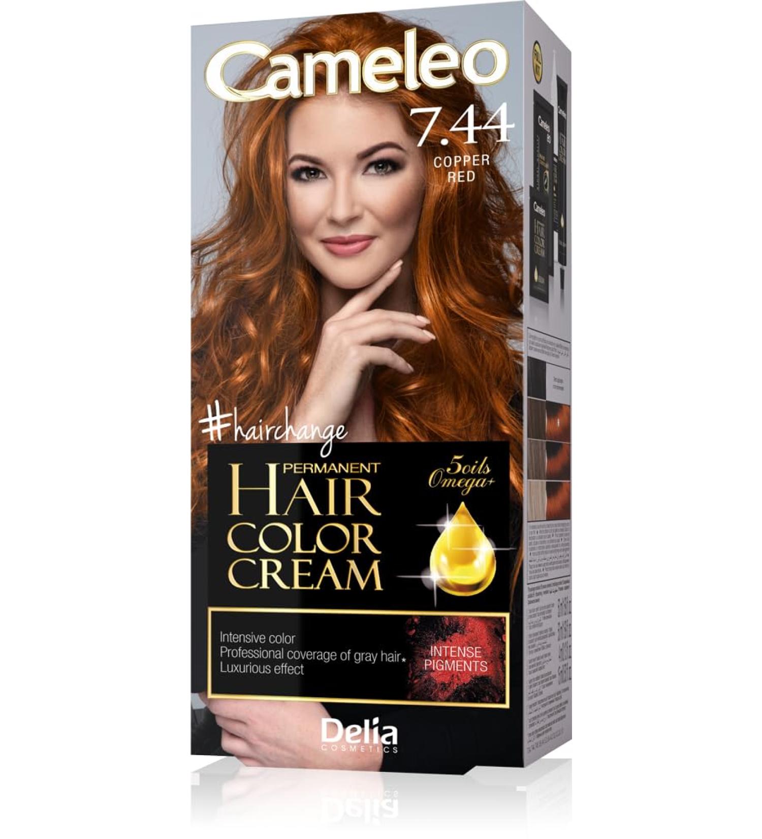 Cameleo - Permanent Hair Colour Cream - Copper Red - Intensive Color & Protection - 5 Oils + Omega Plus Acids - Professional Luxurious Hair Dye - Full Kit 7.44 Copper Red